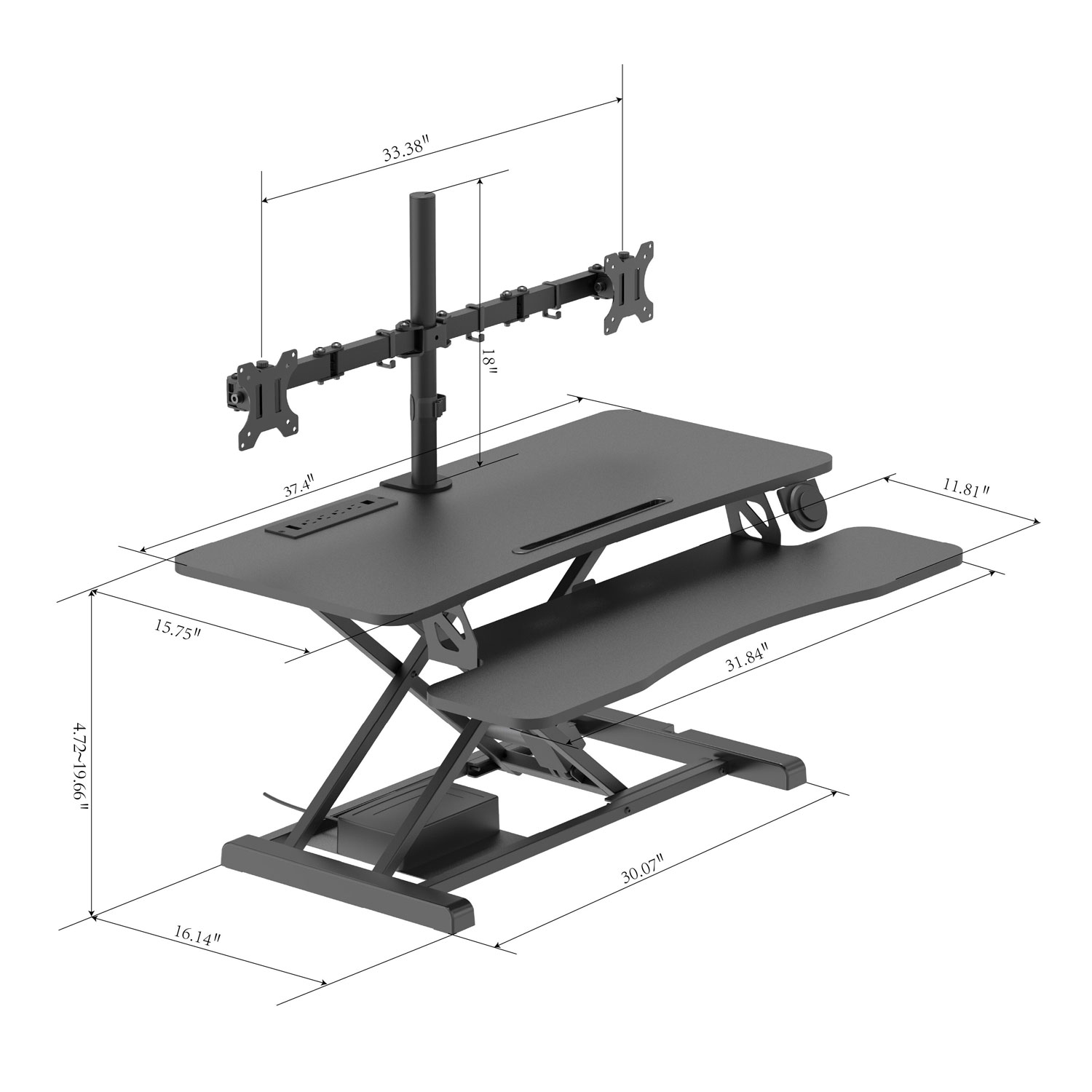Rocelco Electric Desk Riser with Dual Monitor Mount with Keyboard Tray - Black