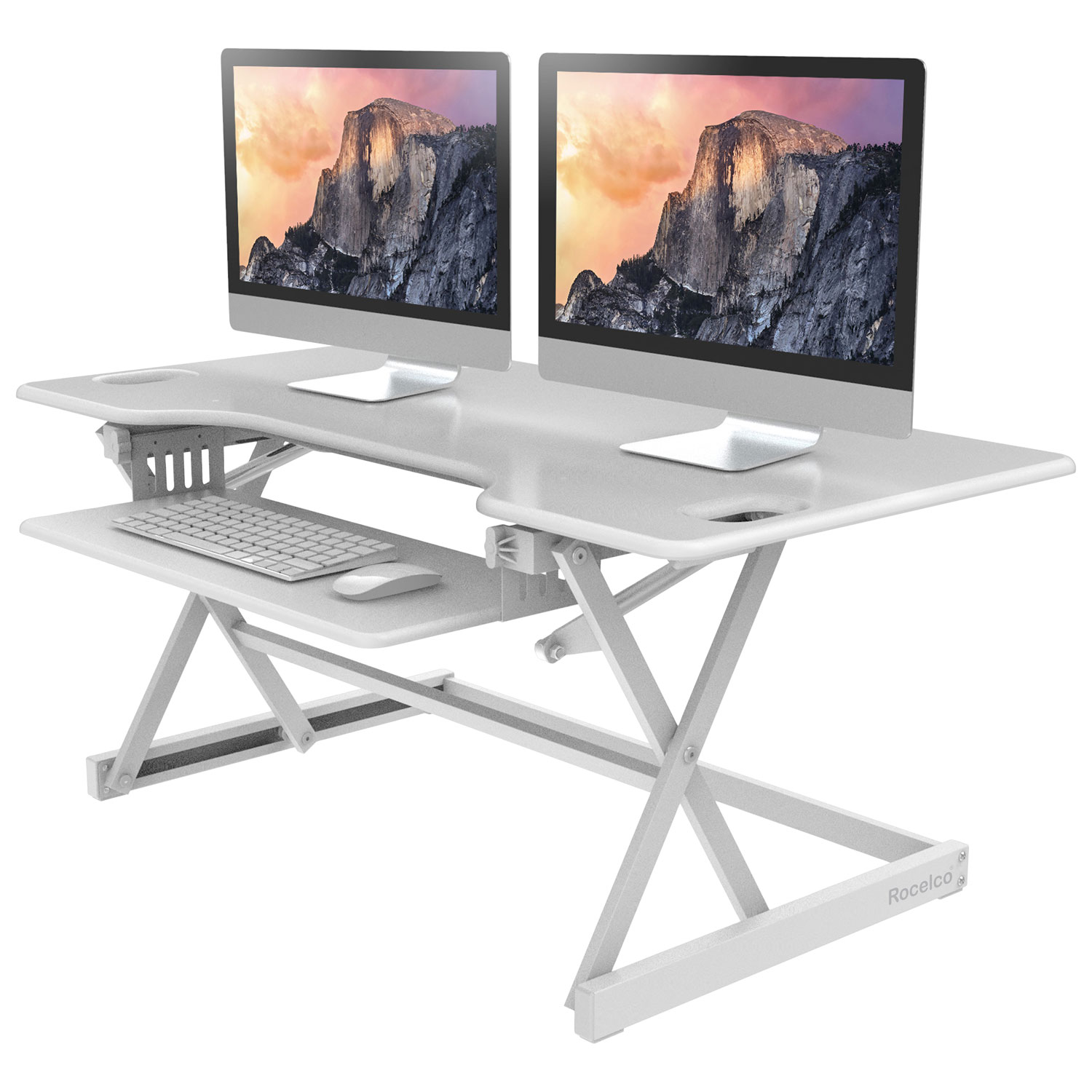Rocelco 46"W Ergonomic Adjustable Desk Riser with Keyboard Tray - White
