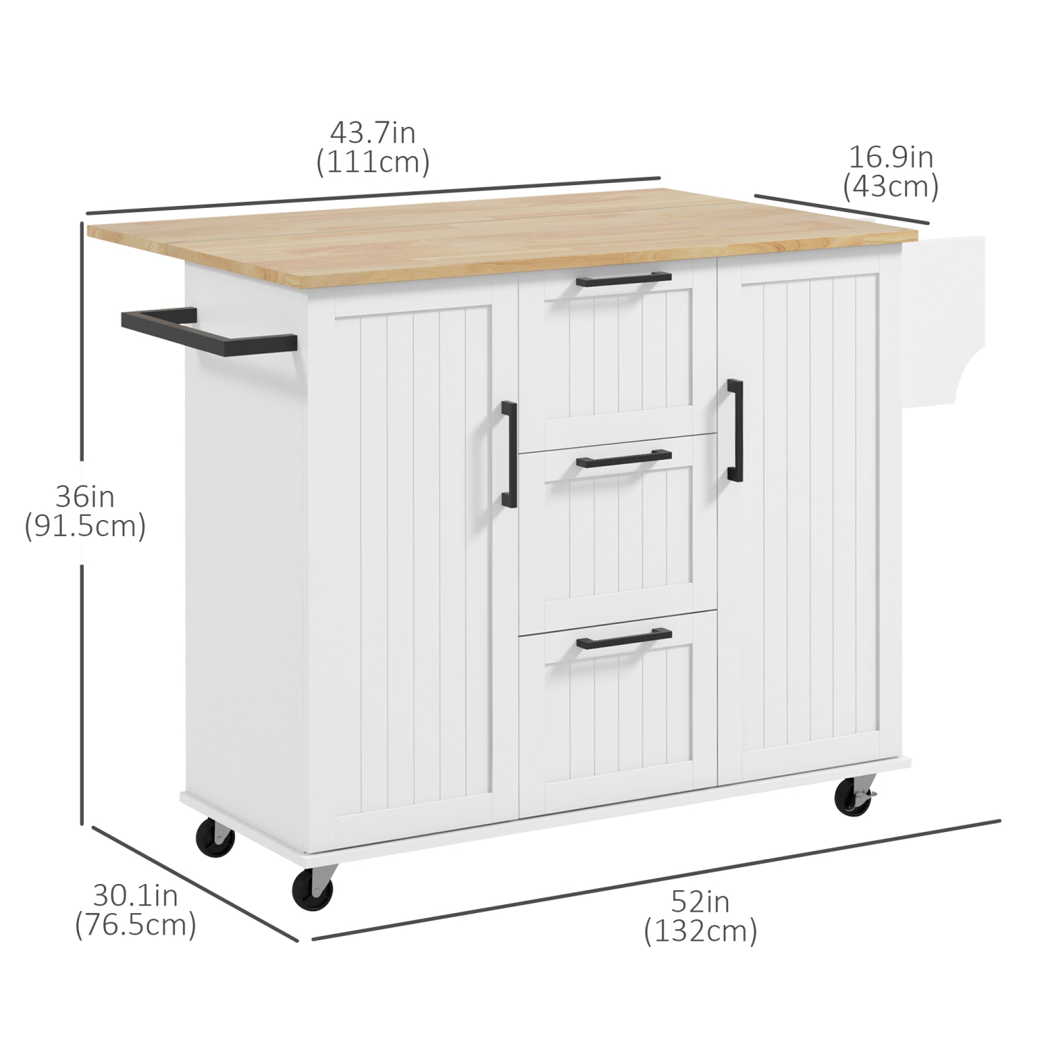 HOMCOM Kitchen Island with Drop Leaf, Rolling Kitchen Cart on Wheels with 3 Drawers, 2 Cabinets, Natural Wood Top, Spice Rack and Towel Rack, White
