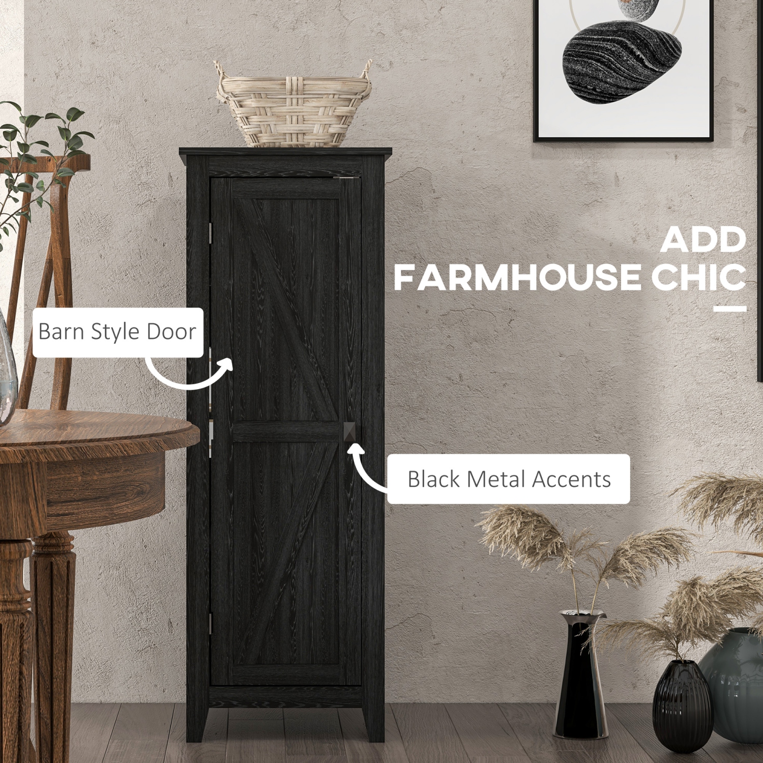 HOMCOM 48" Kitchen Pantry Cabinet, Freestanding Farmhouse Kitchen Storage Cabinet with Barn Door and Adjustable Shelves, Black