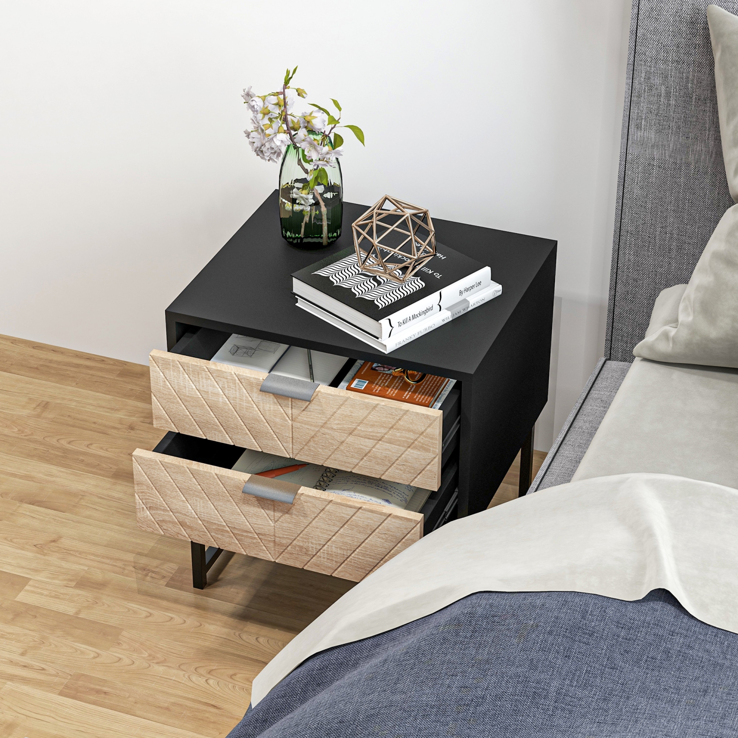 HOMCOM – Table de chevet moderne à 2 tiroirs, table de chevet avec base en métal, table de bout de canapé pour chambre à coucher, noir
