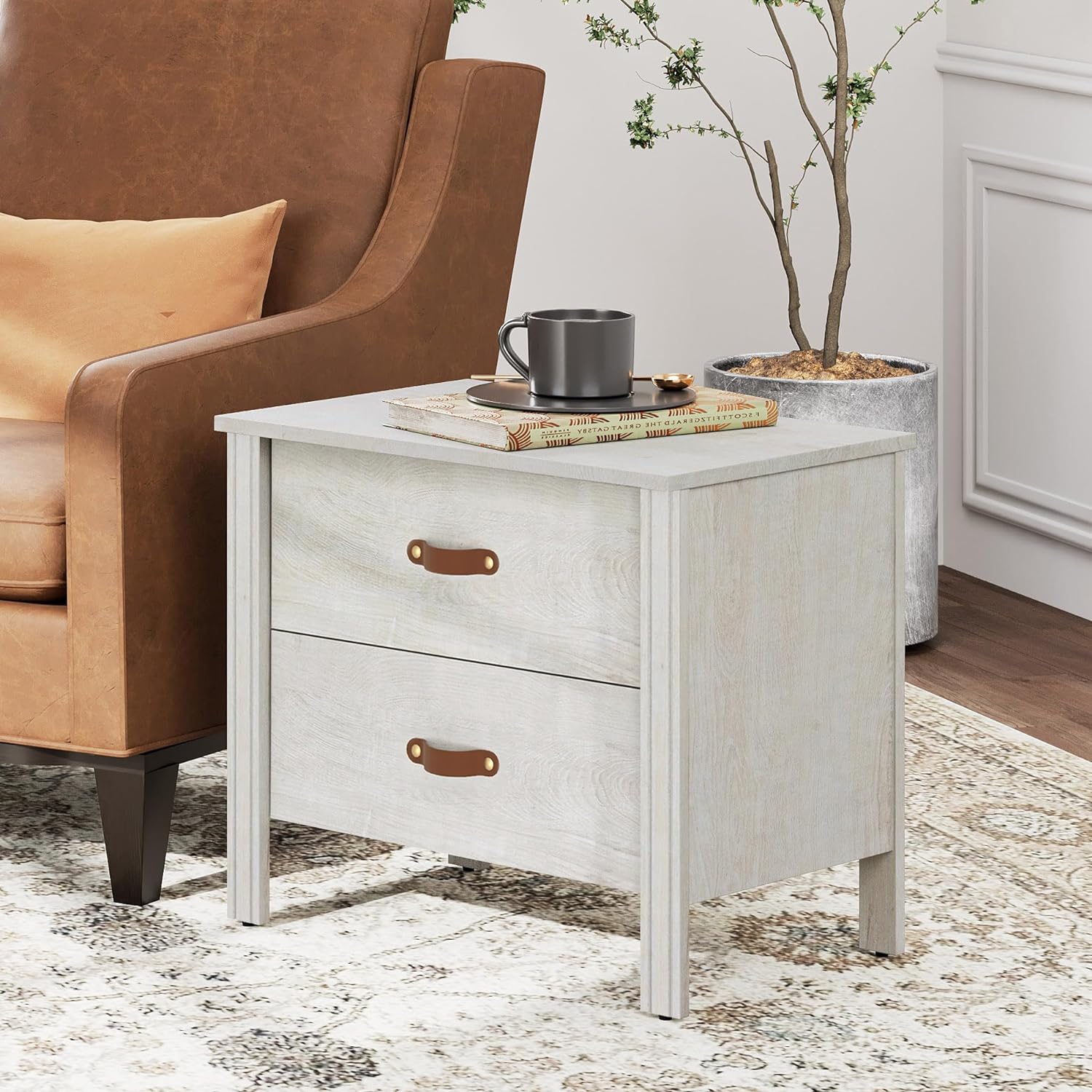 WAMPAT End Table for Bedroom,Side Table Small Wood Nightstand with 2 Drawers for Living Room,Office,White