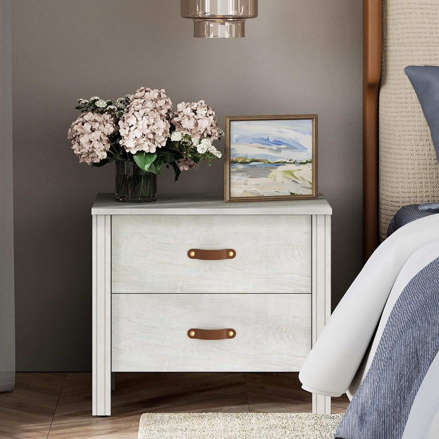 WAMPAT End Table for Bedroom,Side Table Small Wood Nightstand with 2 Drawers for Living Room,Office,White