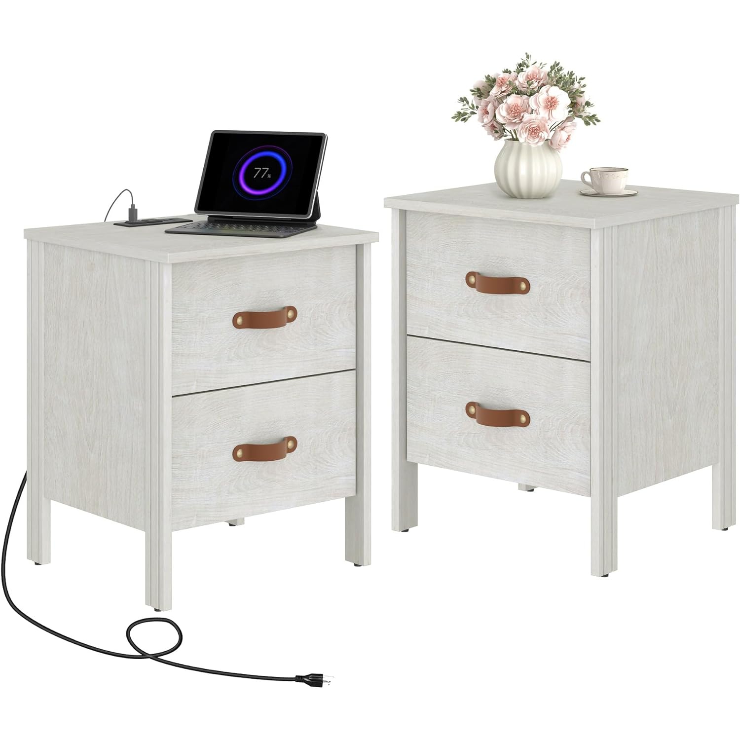 WAMPAT Set of 2 End Table with Charging Station, Wood Nightstands with 2 Drawers, Modern Side Tables Living Room Set of 2, White