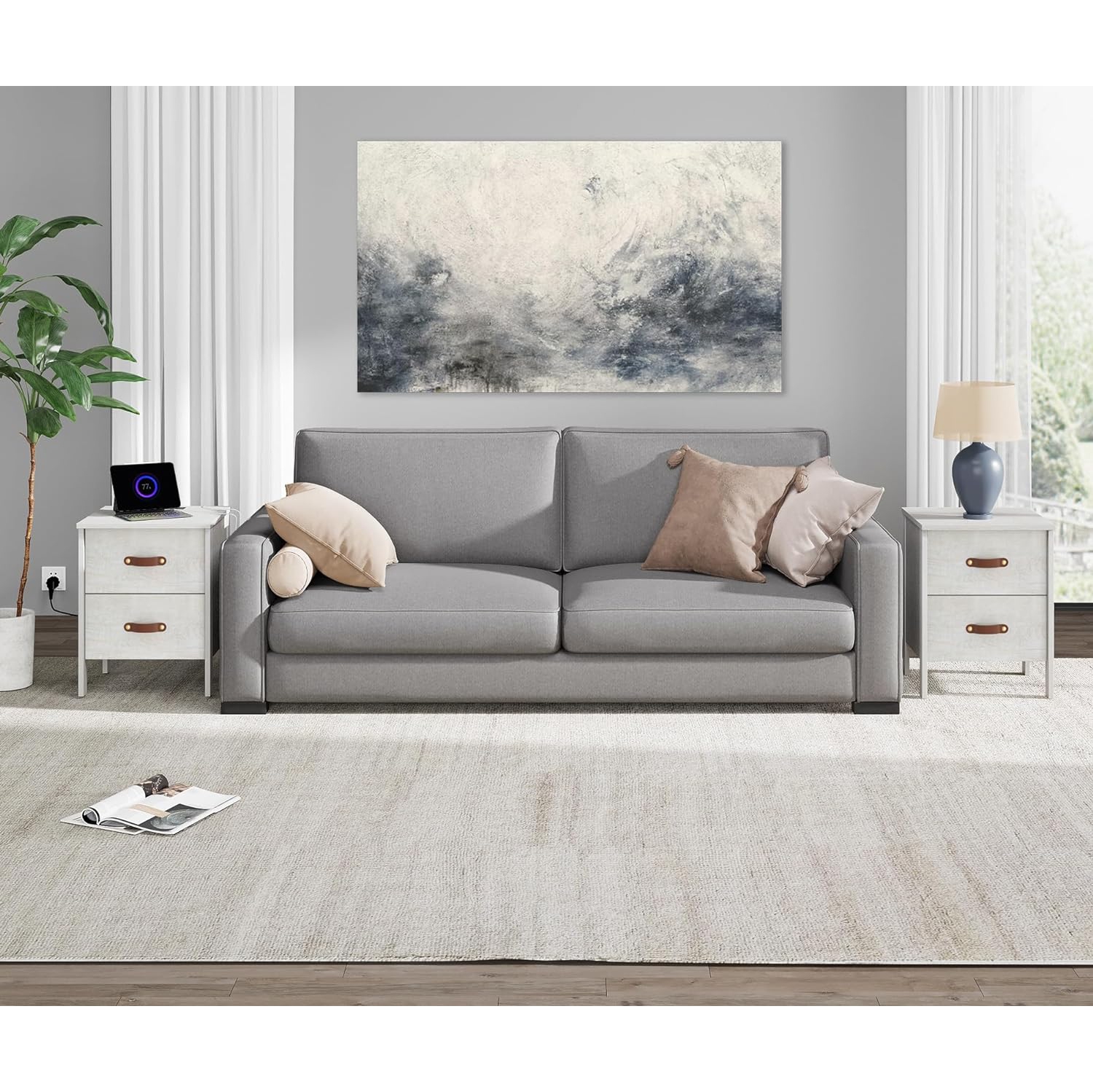 WAMPAT Set of 2 End Table with Charging Station, Wood Nightstands with 2 Drawers, Modern Side Tables Living Room Set of 2, White