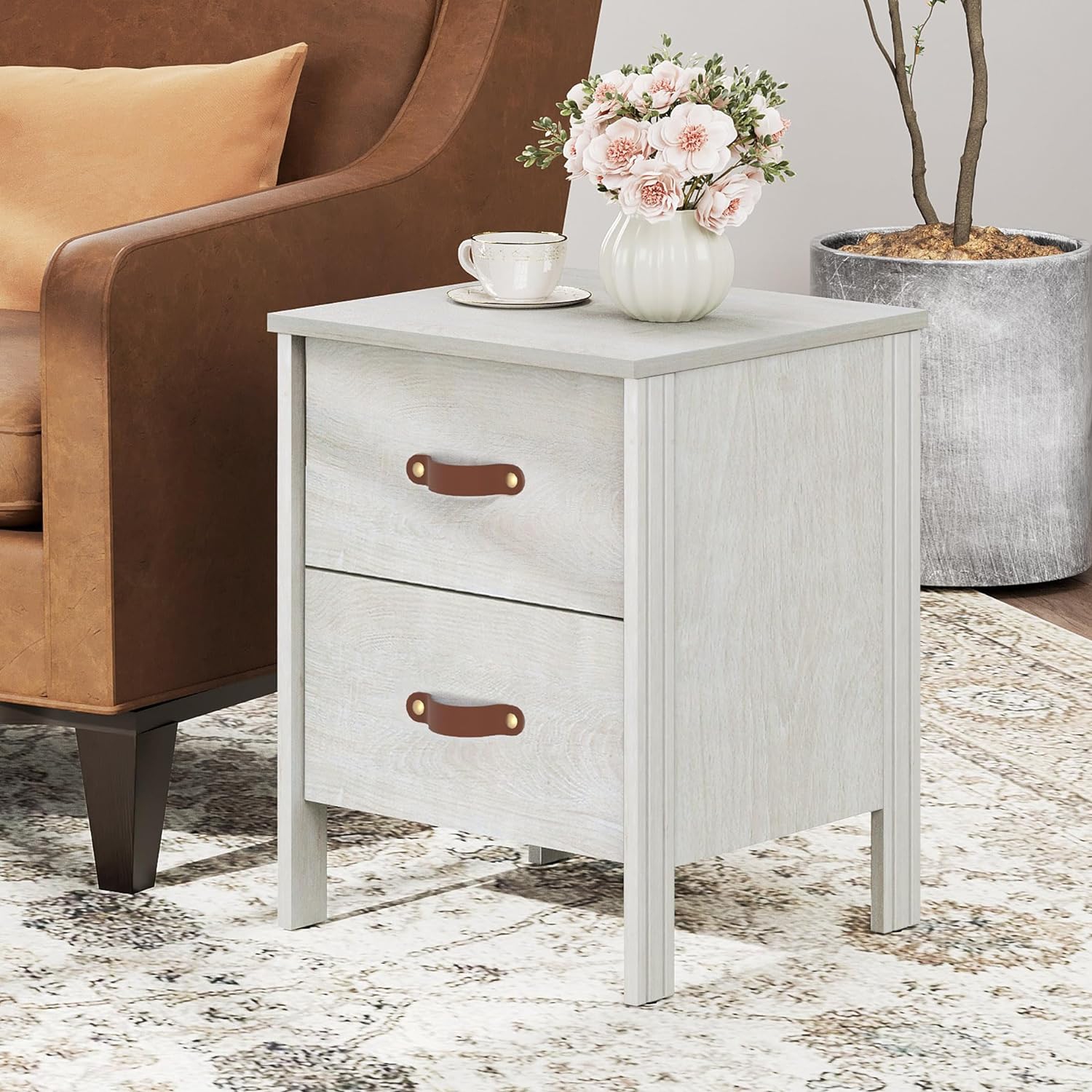 WAMPAT Set of 2 End Table with Charging Station, Wood Nightstands with 2 Drawers, Modern Side Tables Living Room Set of 2, White