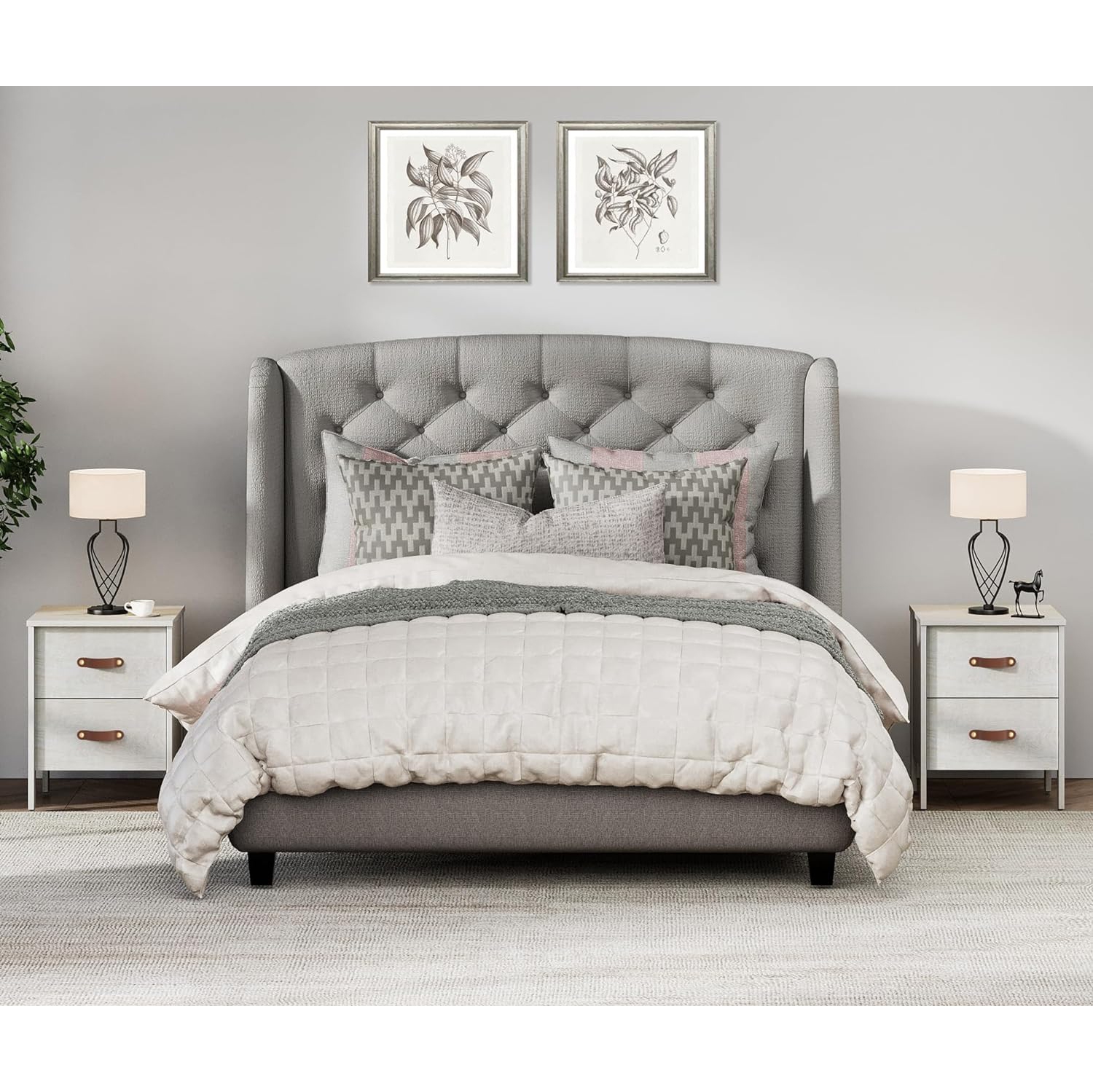 WAMPAT Set of 2 End Table with Charging Station, Wood Nightstands with 2 Drawers, Modern Side Tables Living Room Set of 2, White