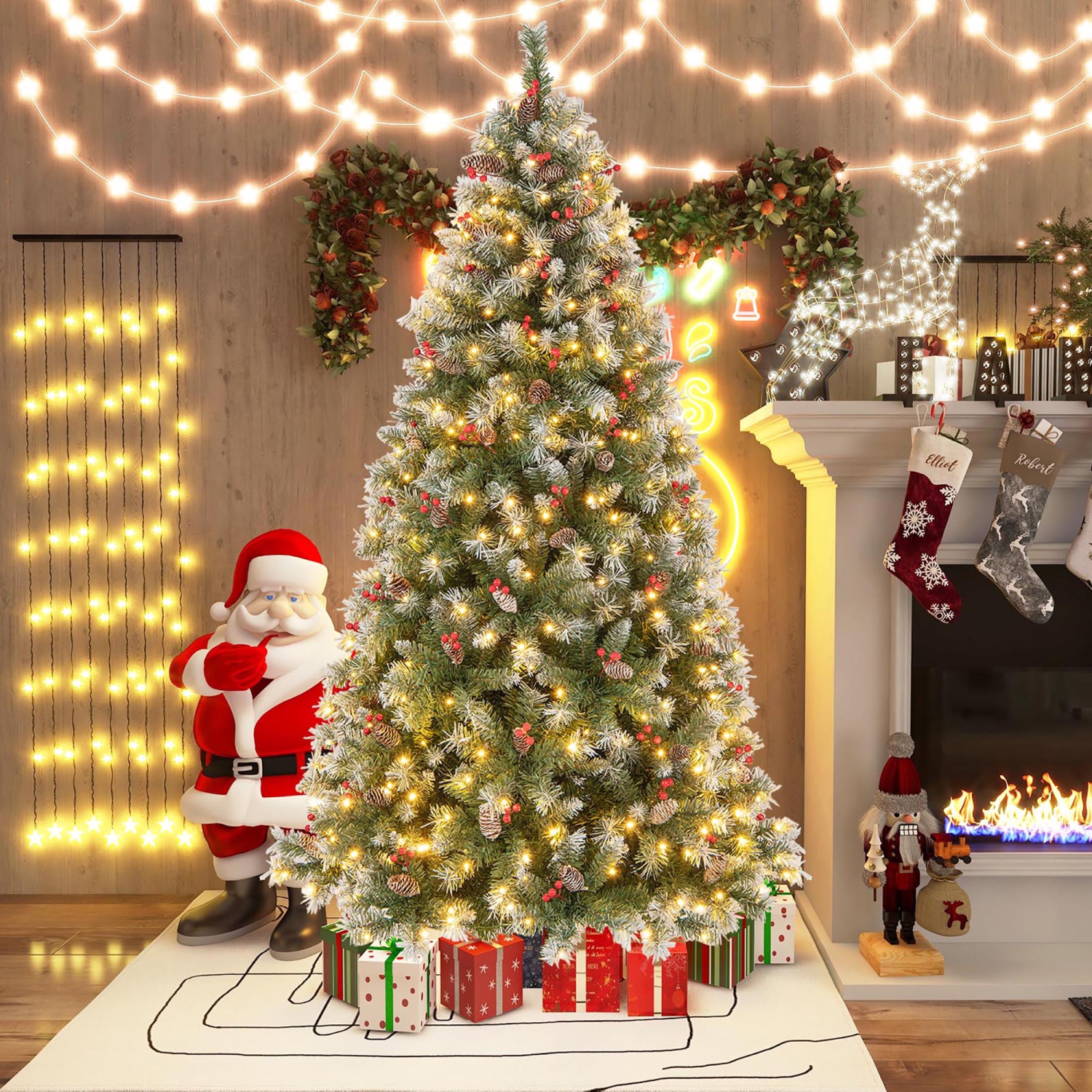 Gymax 7.5 FT Pre-Lit Christmas Tree Artificial Hinged Christmas Tree w/ 560 Warm-White LED Lights