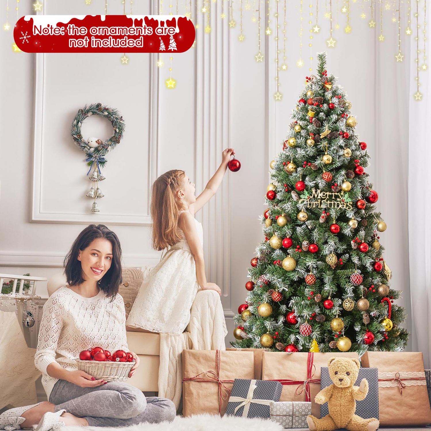 Gymax 7.5 FT Pre-Lit Christmas Tree Artificial Hinged Christmas Tree w/ 560 Warm-White LED Lights