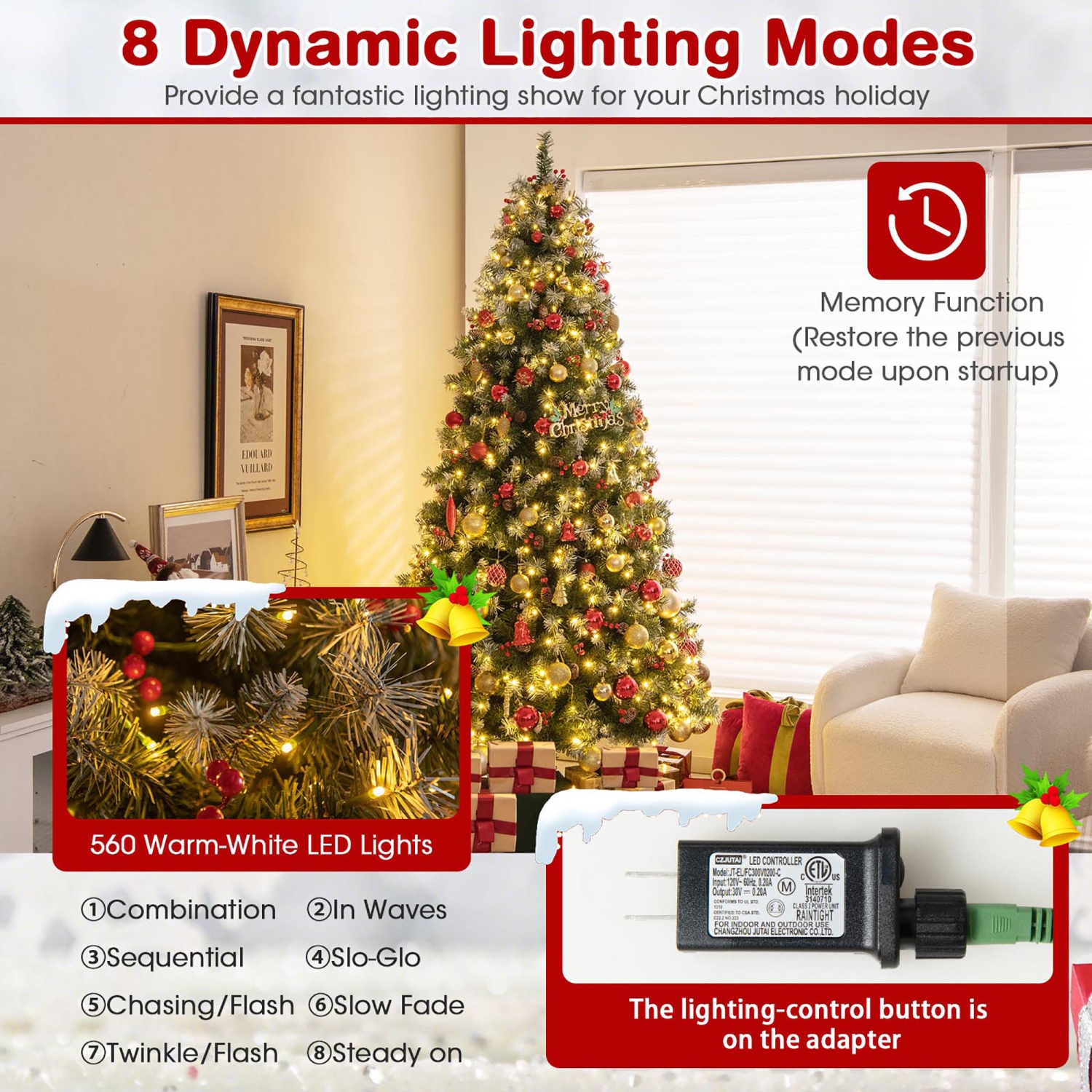 Gymax 7.5 FT Pre-Lit Christmas Tree Artificial Hinged Christmas Tree w/ 560 Warm-White LED Lights