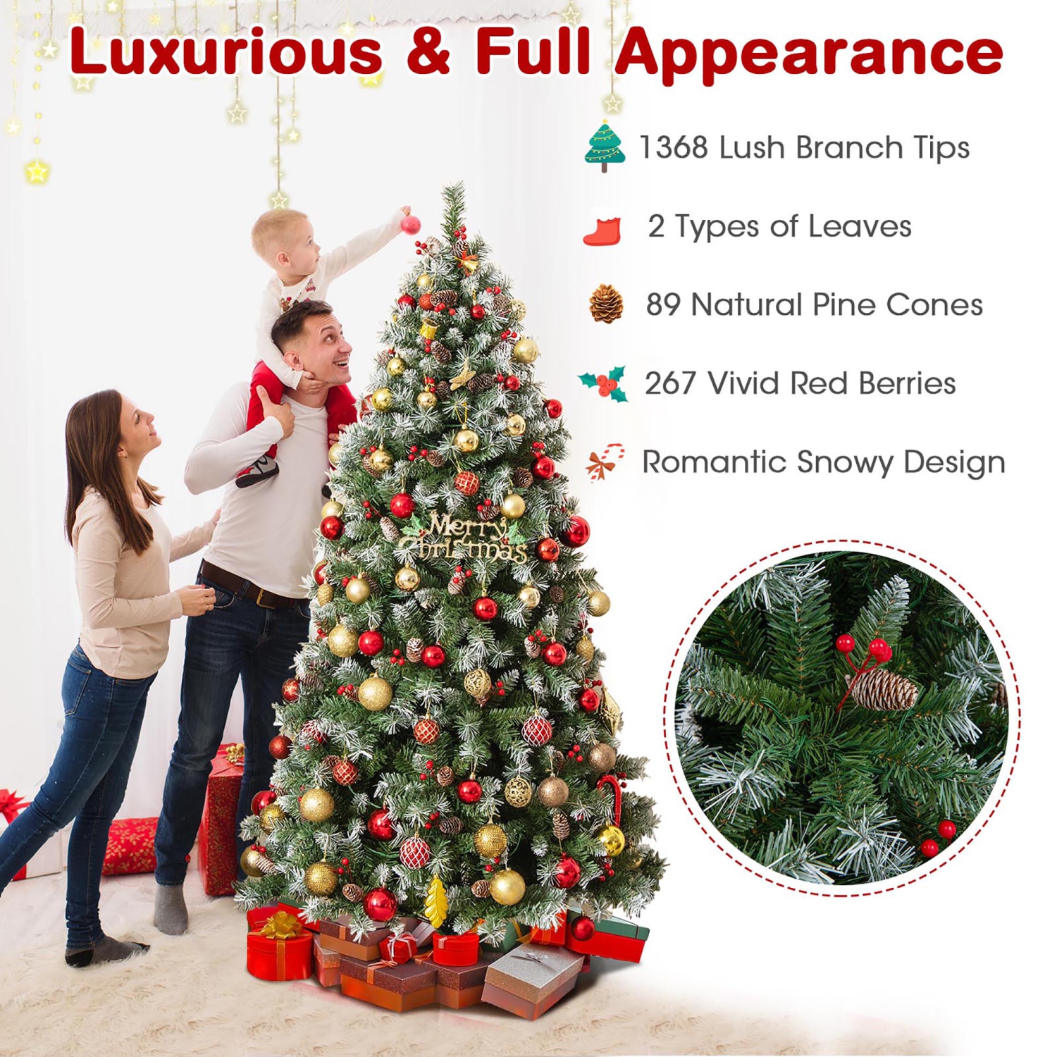 Gymax 7.5 FT Pre-Lit Christmas Tree Artificial Hinged Christmas Tree w/ 560 Warm-White LED Lights
