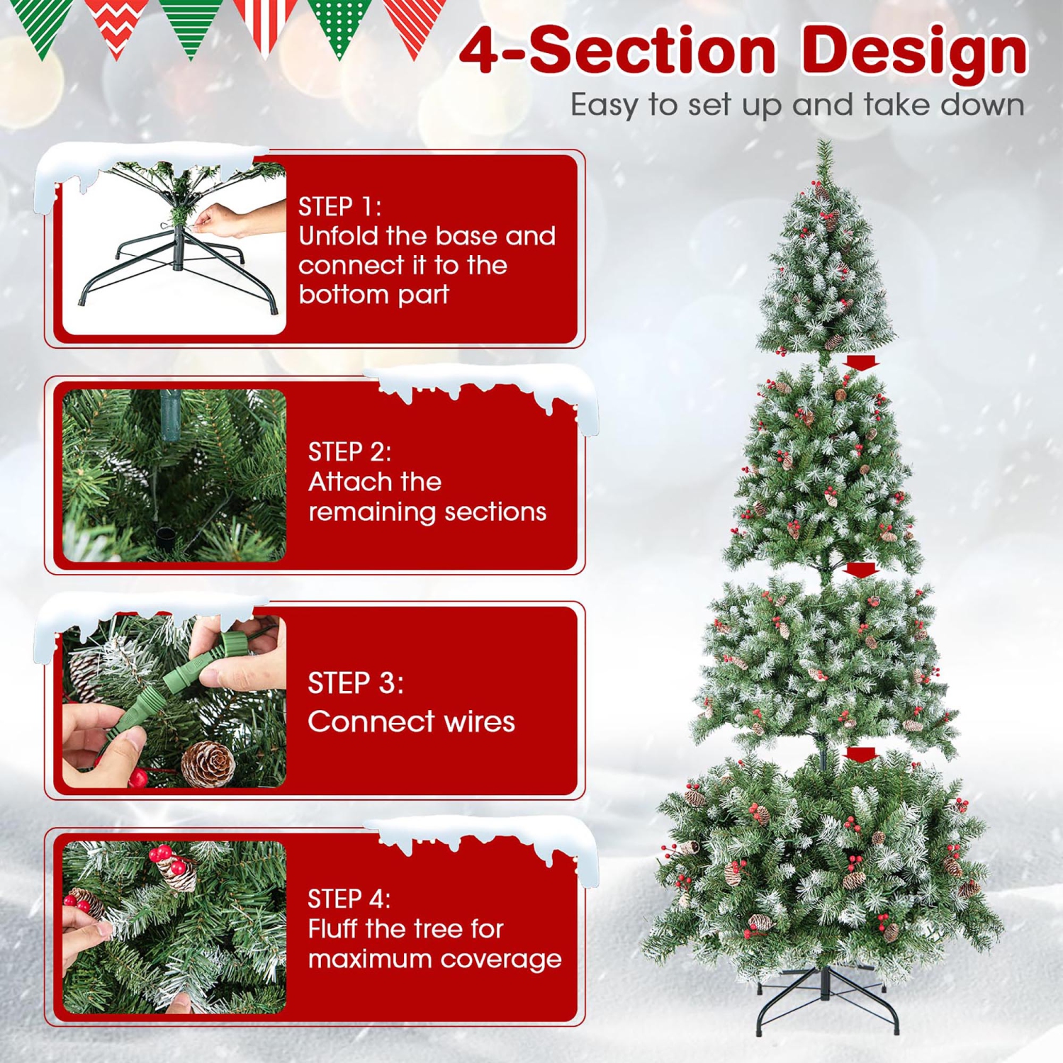 Gymax 7.5 FT Pre-Lit Christmas Tree Artificial Hinged Christmas Tree w/ 560 Warm-White LED Lights