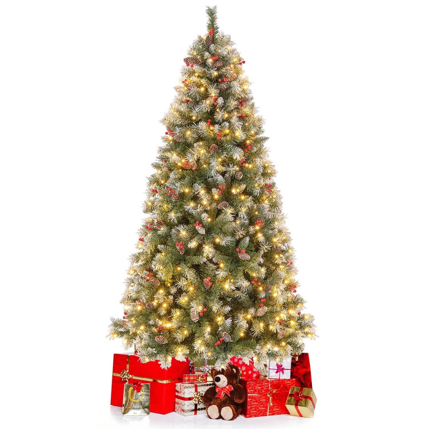 Gymax 7.5 FT Pre-Lit Christmas Tree Artificial Hinged Christmas Tree w/ 560 Warm-White LED Lights