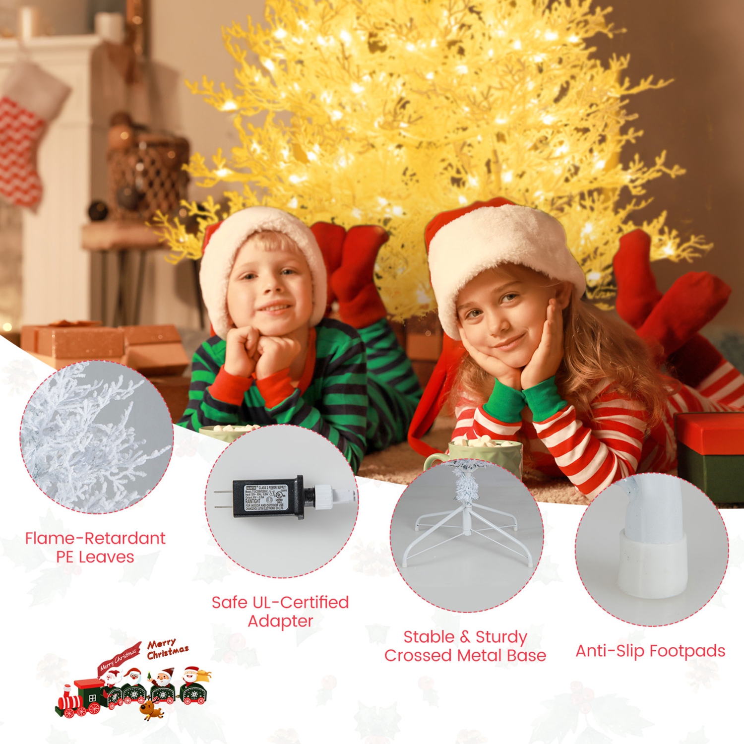 Gymax 6 FT Pre-Lit Artificial Christmas Tree White Hinged Xmas Tree w/ 383 Snow-Flocked Tips