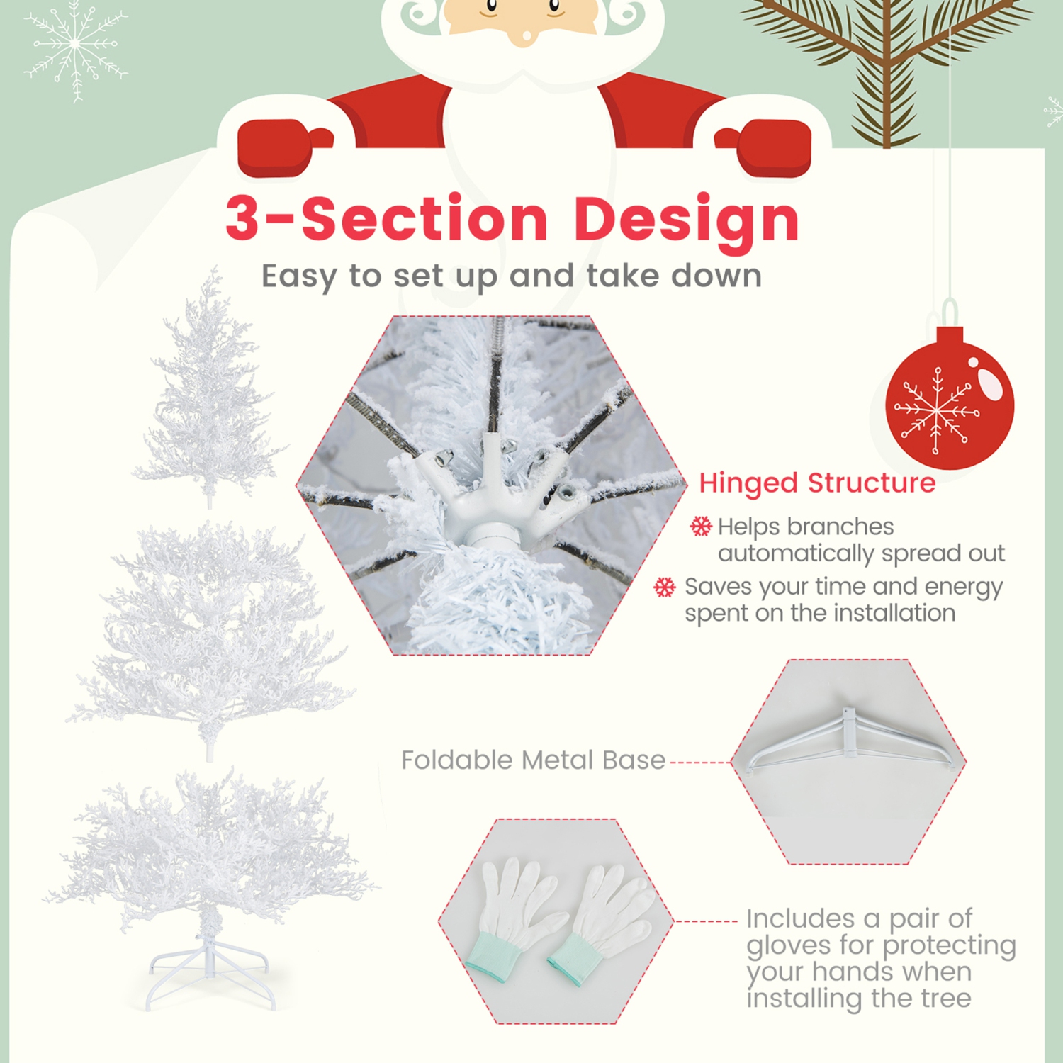 Gymax 6 FT Pre-Lit Artificial Christmas Tree White Hinged Xmas Tree w/ 383 Snow-Flocked Tips