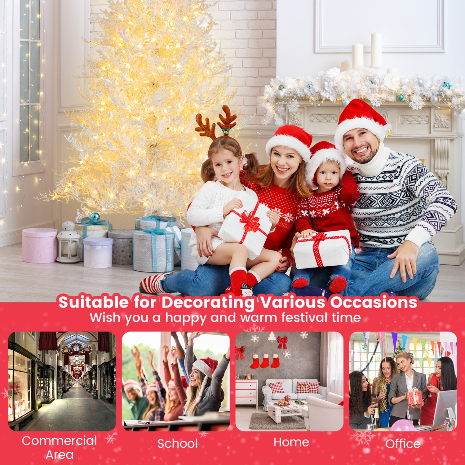 Gymax 6 FT Pre-Lit Artificial Christmas Tree White Hinged Xmas Tree w/ 383 Snow-Flocked Tips