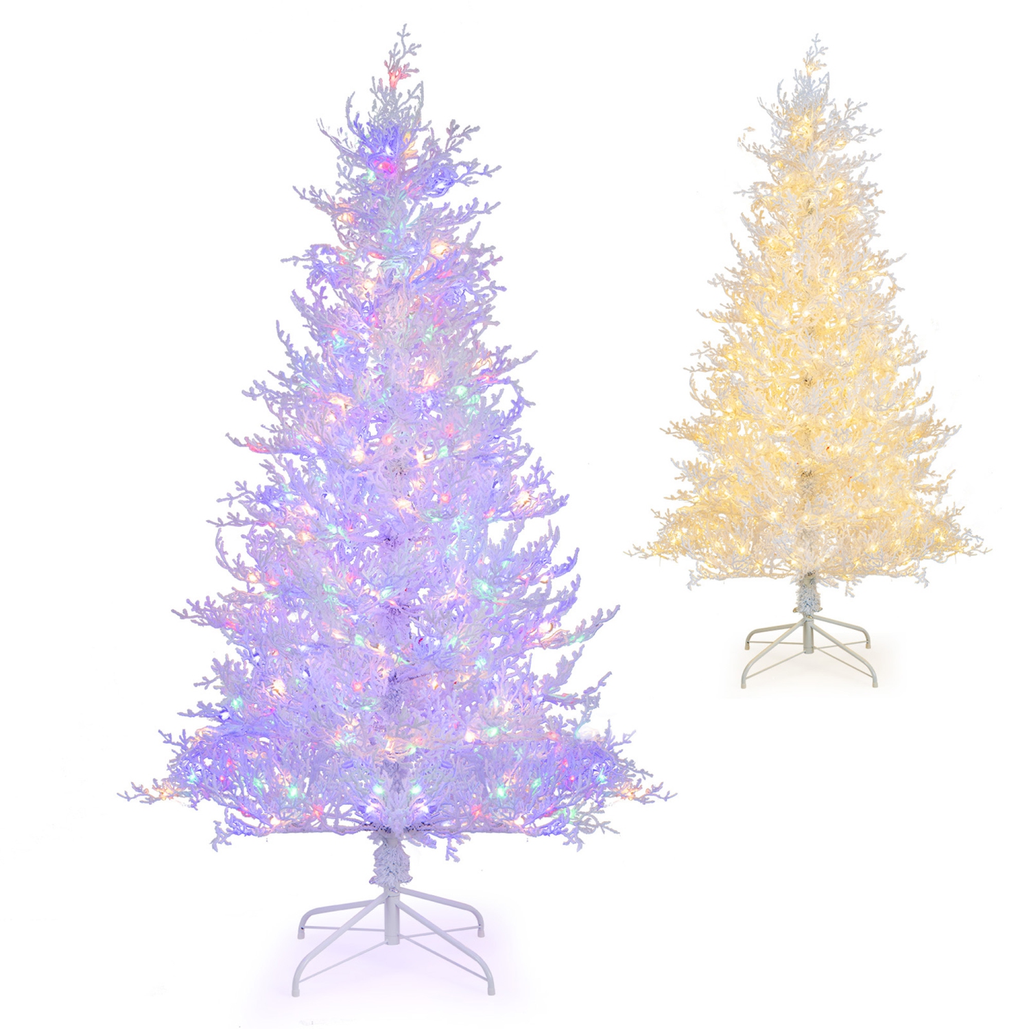 Gymax 6 FT Pre-Lit Artificial Christmas Tree White Hinged Xmas Tree w/ 383 Snow-Flocked Tips