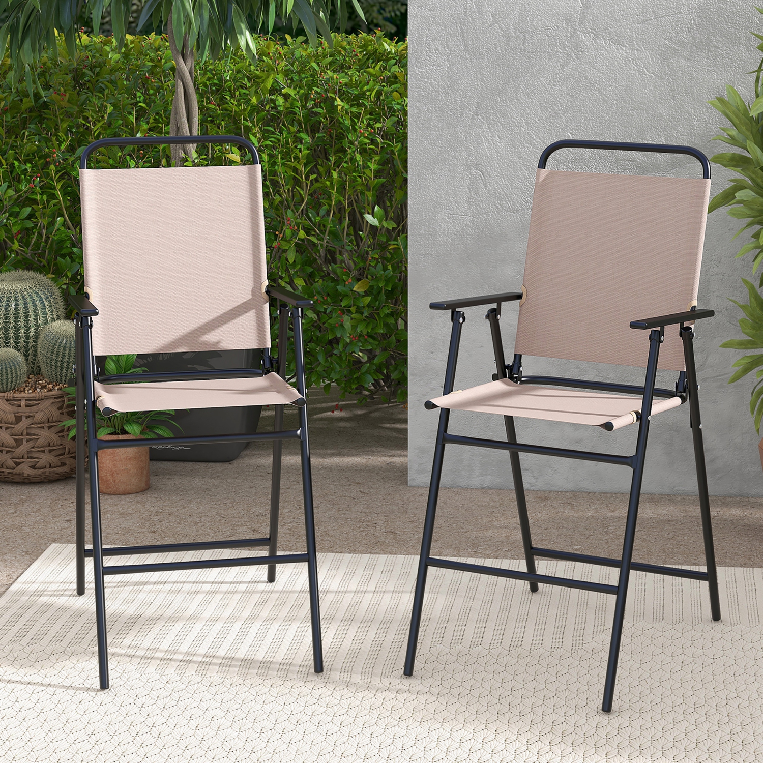 Gymax Outdoor Folding Bar Chair Set of 2 Patio Dining Chairs w/ Breathable Fabric