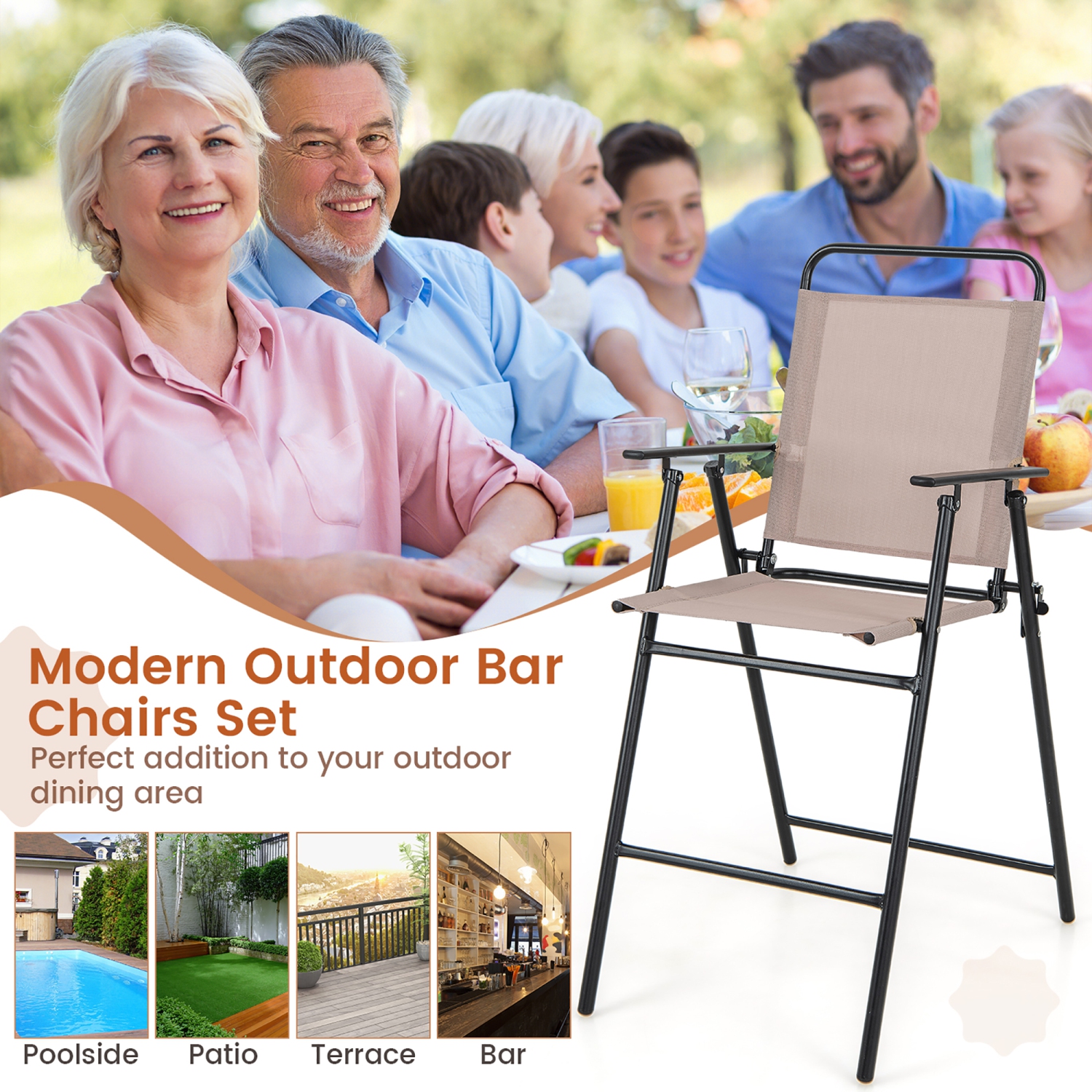 Gymax Outdoor Folding Bar Chair Set of 4 Patio Dining Chairs w/ Breathable Fabric