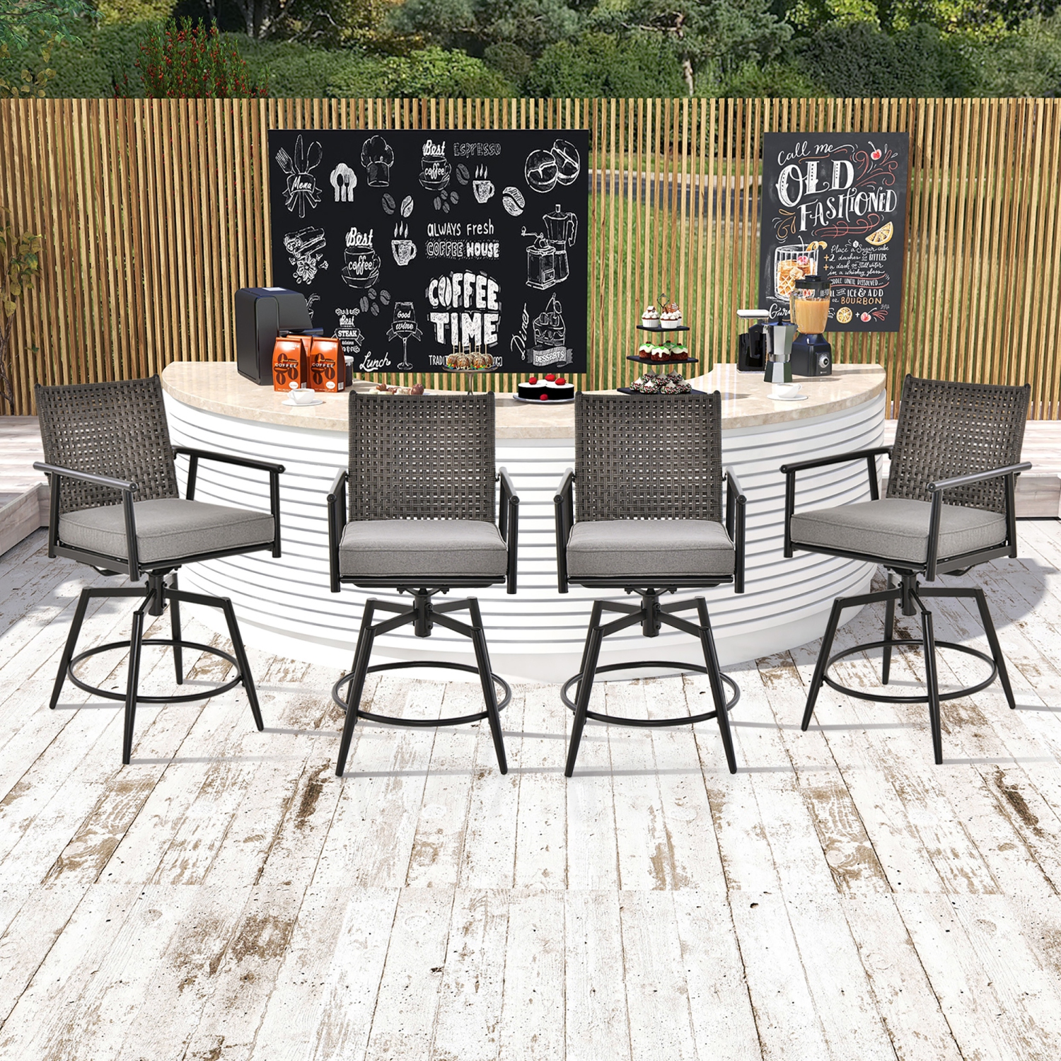 Gymax Patio Swivel Bar Stools Set of 4 Outdoor Counter Height Bar Chairs w/ PE Rattan Back