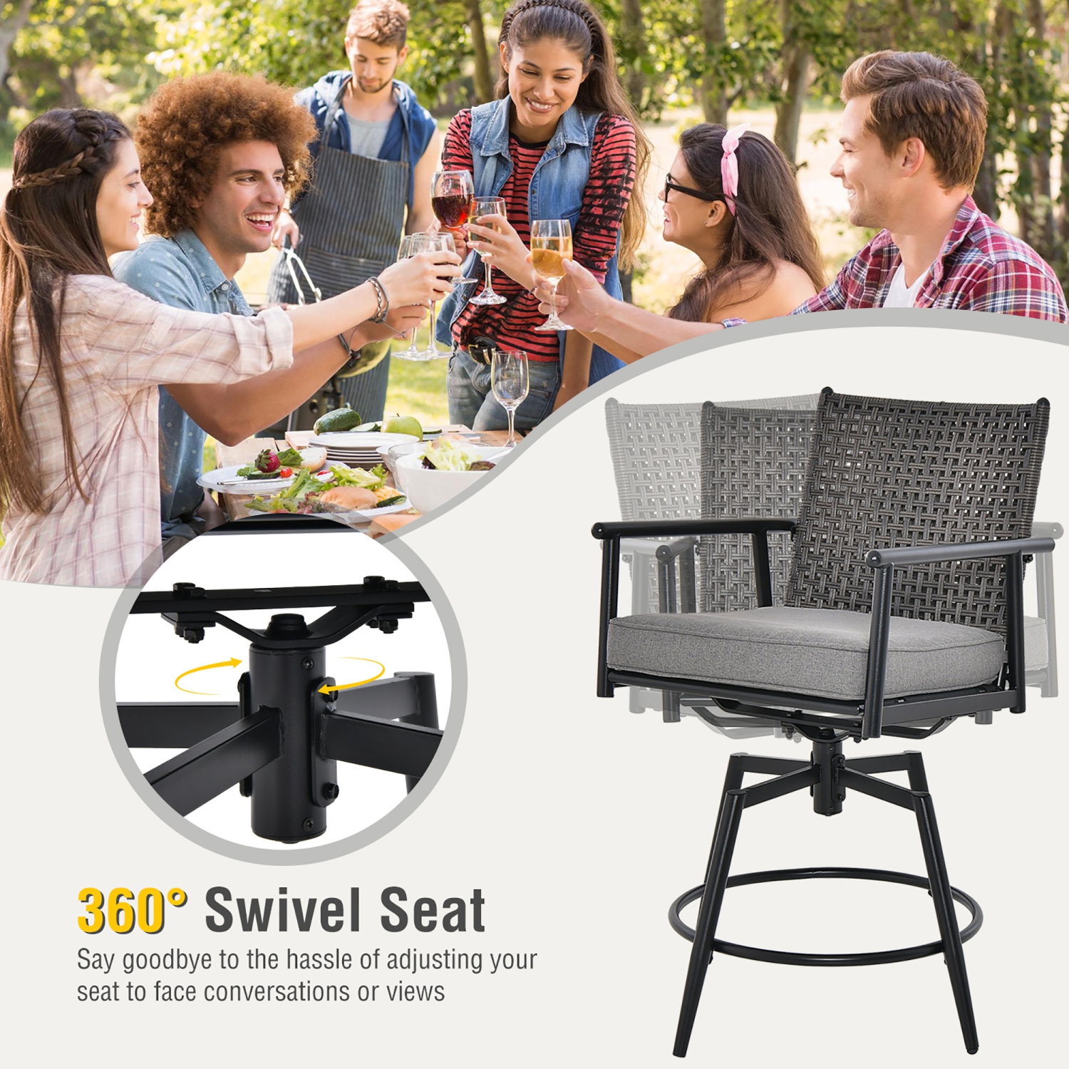Gymax Patio Swivel Bar Stools Set of 4 Outdoor Counter Height Bar Chairs w/ PE Rattan Back