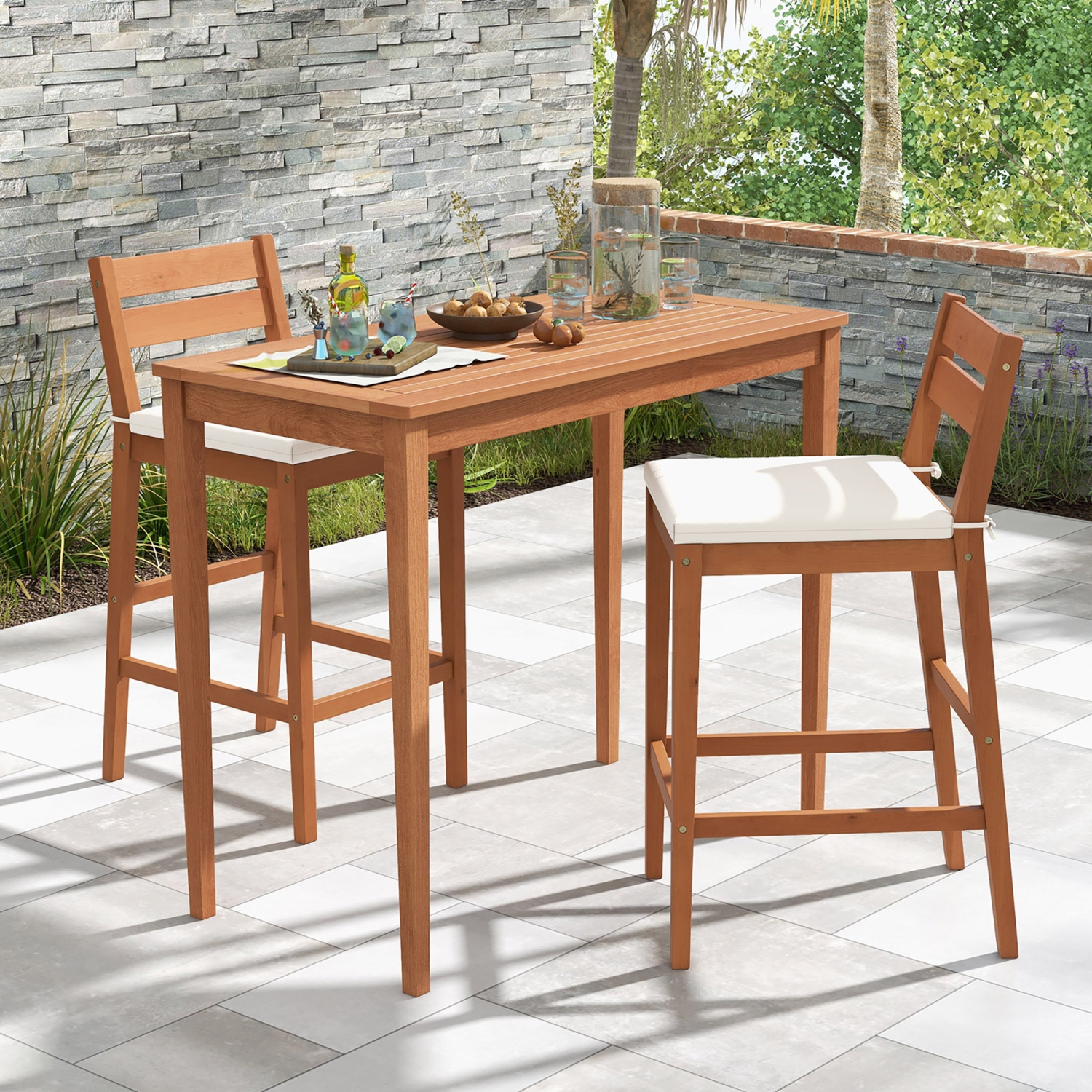 Gymax Patio Eucalyptus Wood Bar Stools Set of 2 Outdoor Bar Height Patio Chairs w/ Cushions