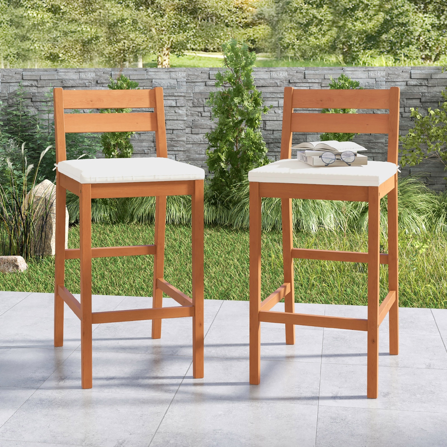 Gymax Patio Eucalyptus Wood Bar Stools Set of 2 Outdoor Bar Height Patio Chairs w/ Cushions