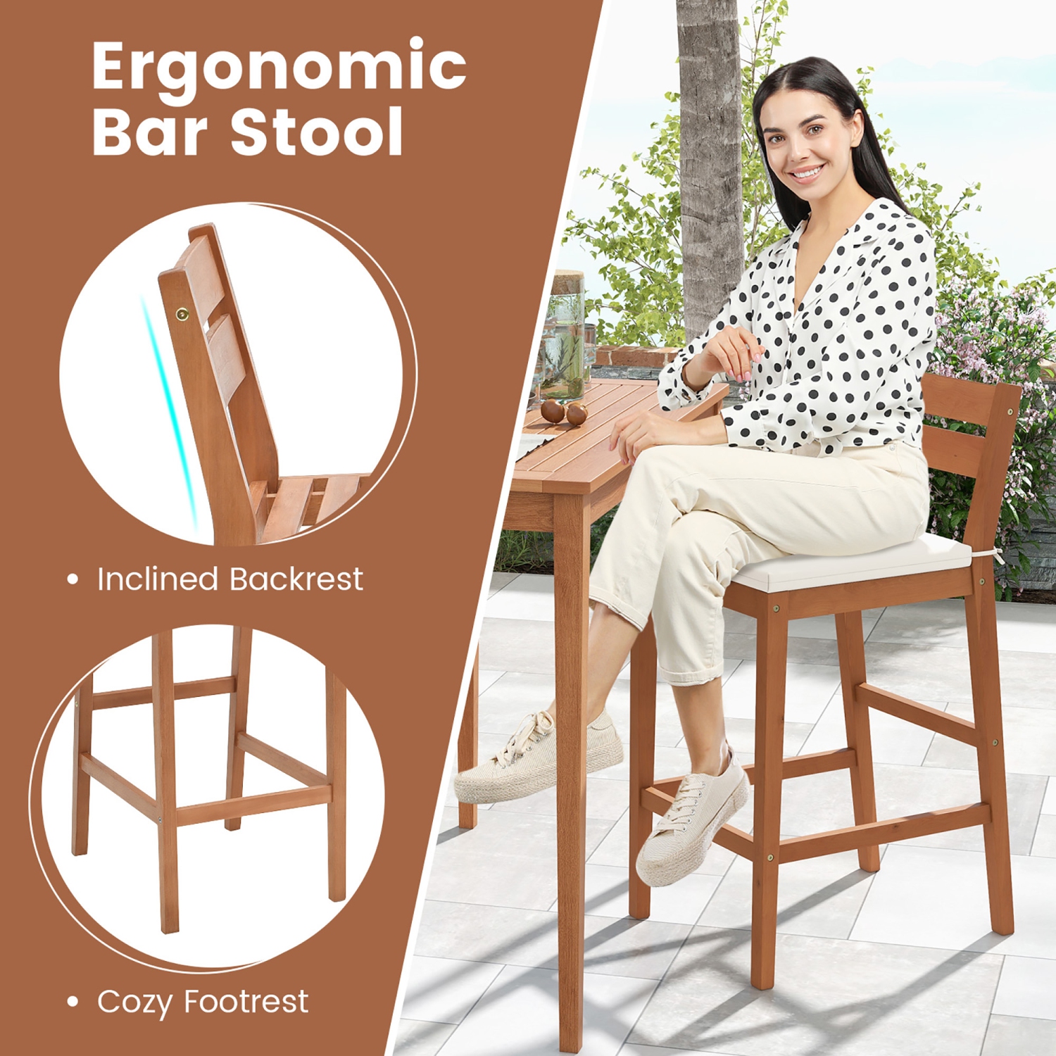 Gymax Patio Eucalyptus Wood Bar Stools Set of 2 Outdoor Bar Height Patio Chairs w/ Cushions