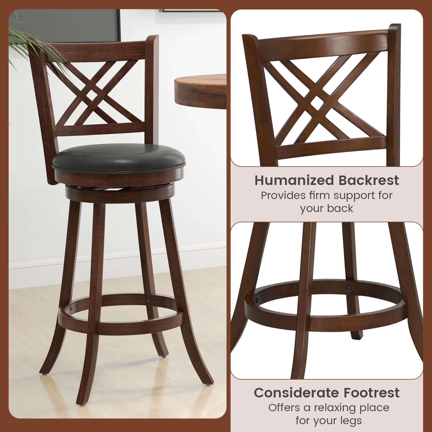 Gymax 360° Swivel Barstools Set of 4 29'' Bar Height Bar Chairs with Back & Footrest