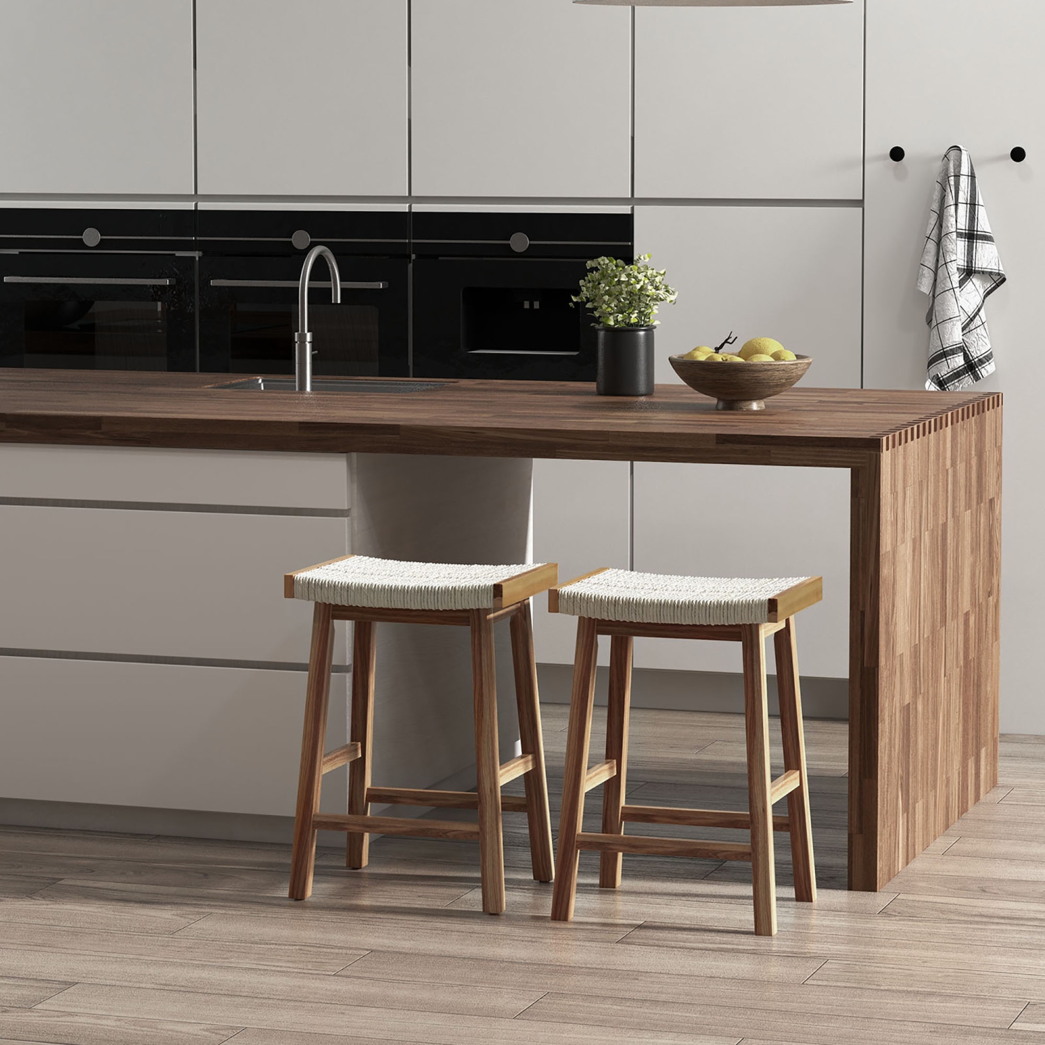 Gymax Set of 4 Saddle Bar Stools 25.5'' Counter Height Dining Stools w/ Seaweed Woven Seat