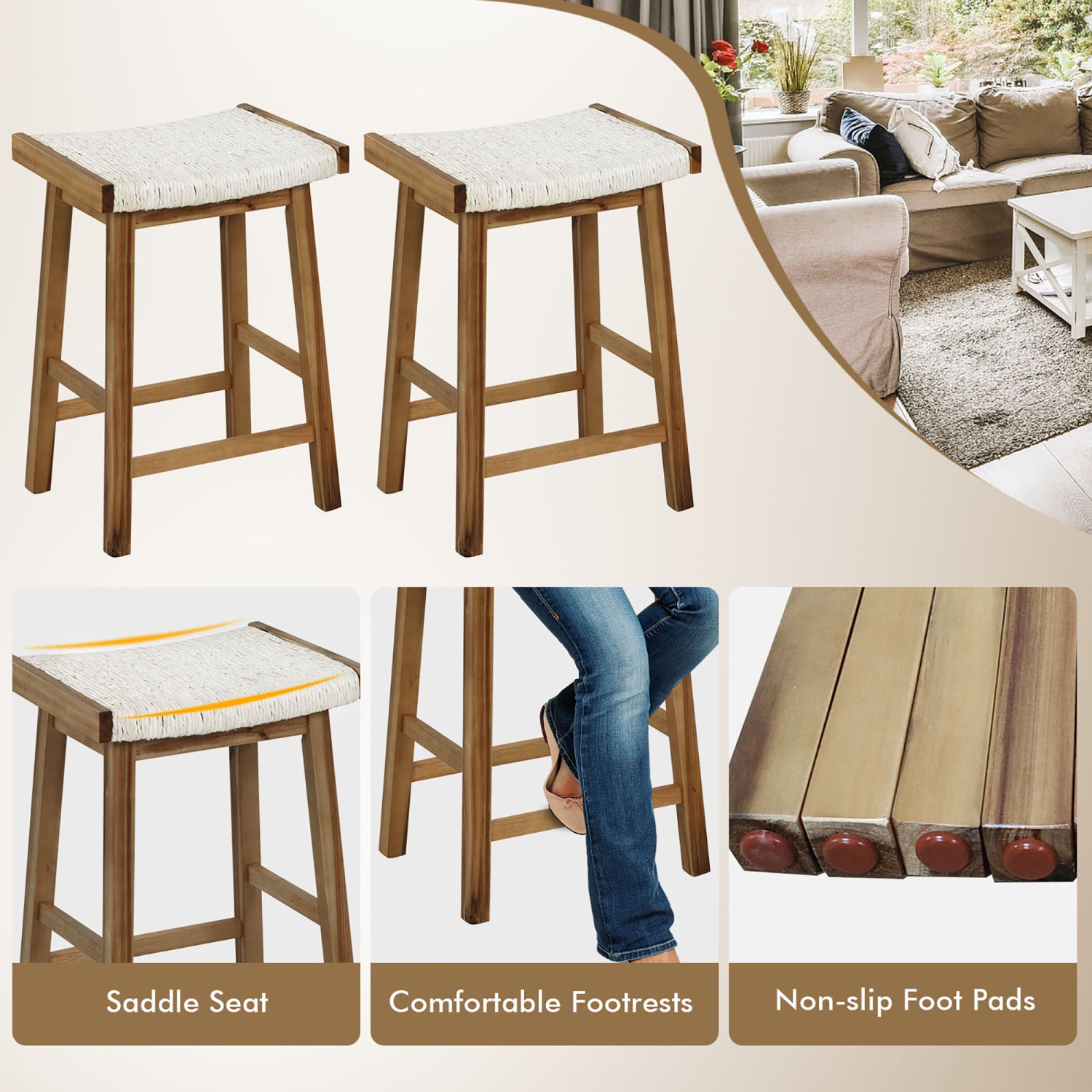 Gymax Set of 4 Saddle Bar Stools 25.5'' Counter Height Dining Stools w/ Seaweed Woven Seat