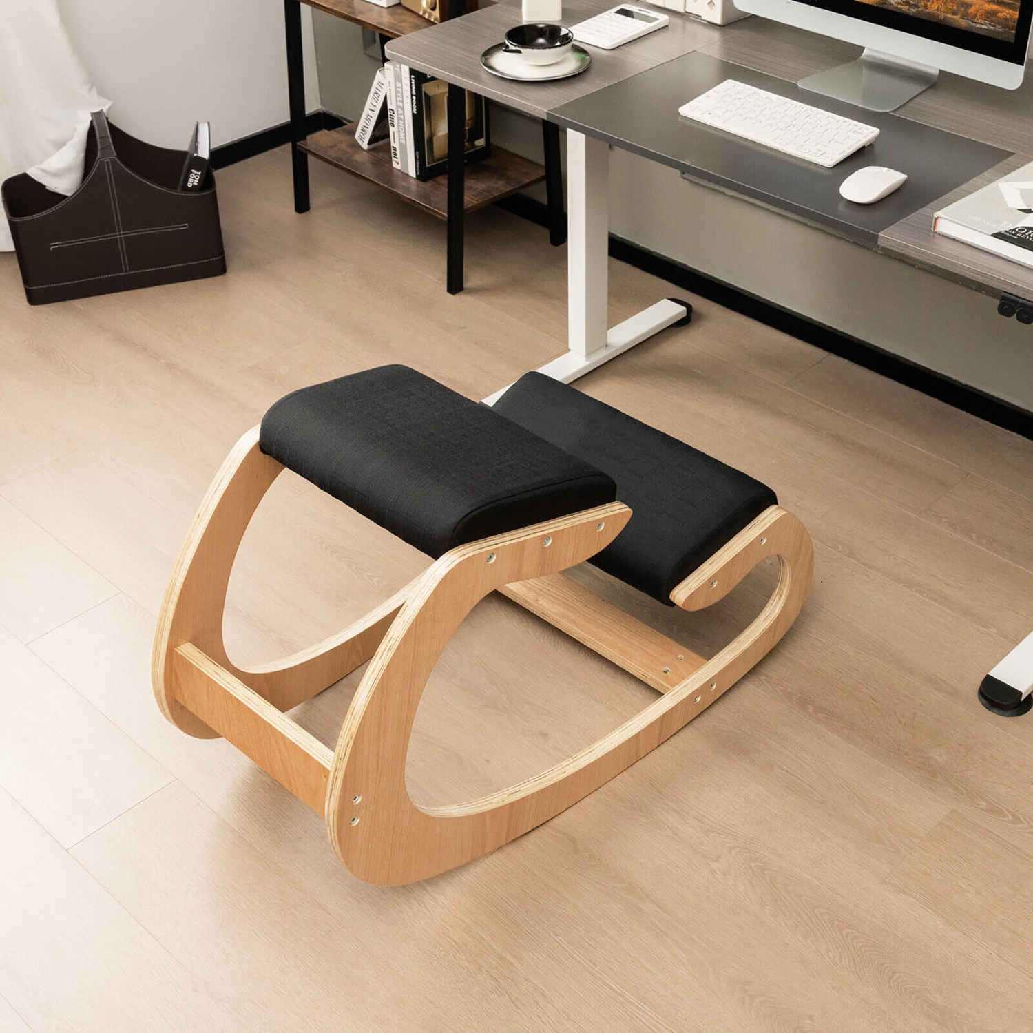 Gymax Ergonomic Kneeling Chair Wood Rocking Posture Stool w/ Cushion Back Neck