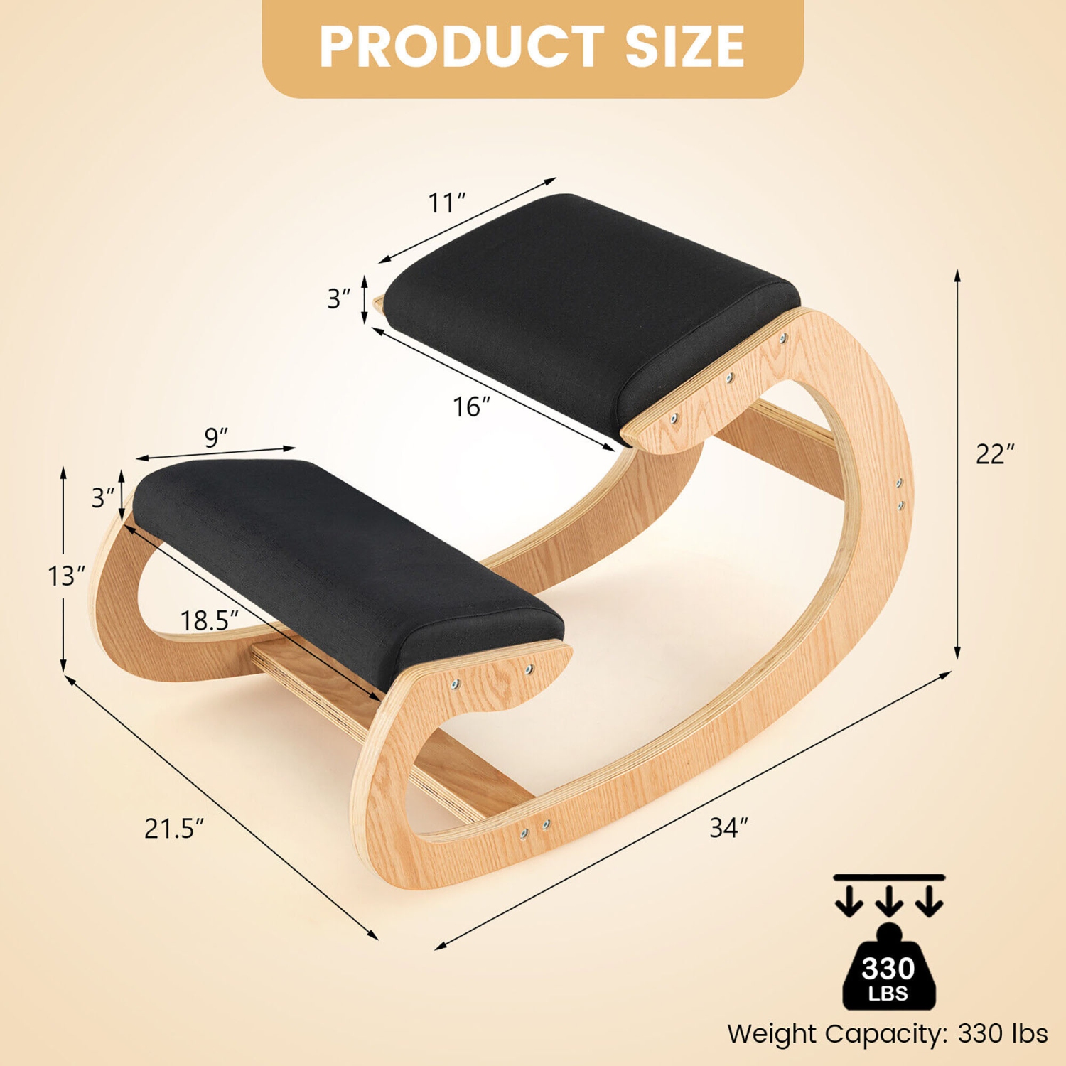 Gymax Ergonomic Kneeling Chair Wood Rocking Posture Stool w/ Cushion Back Neck