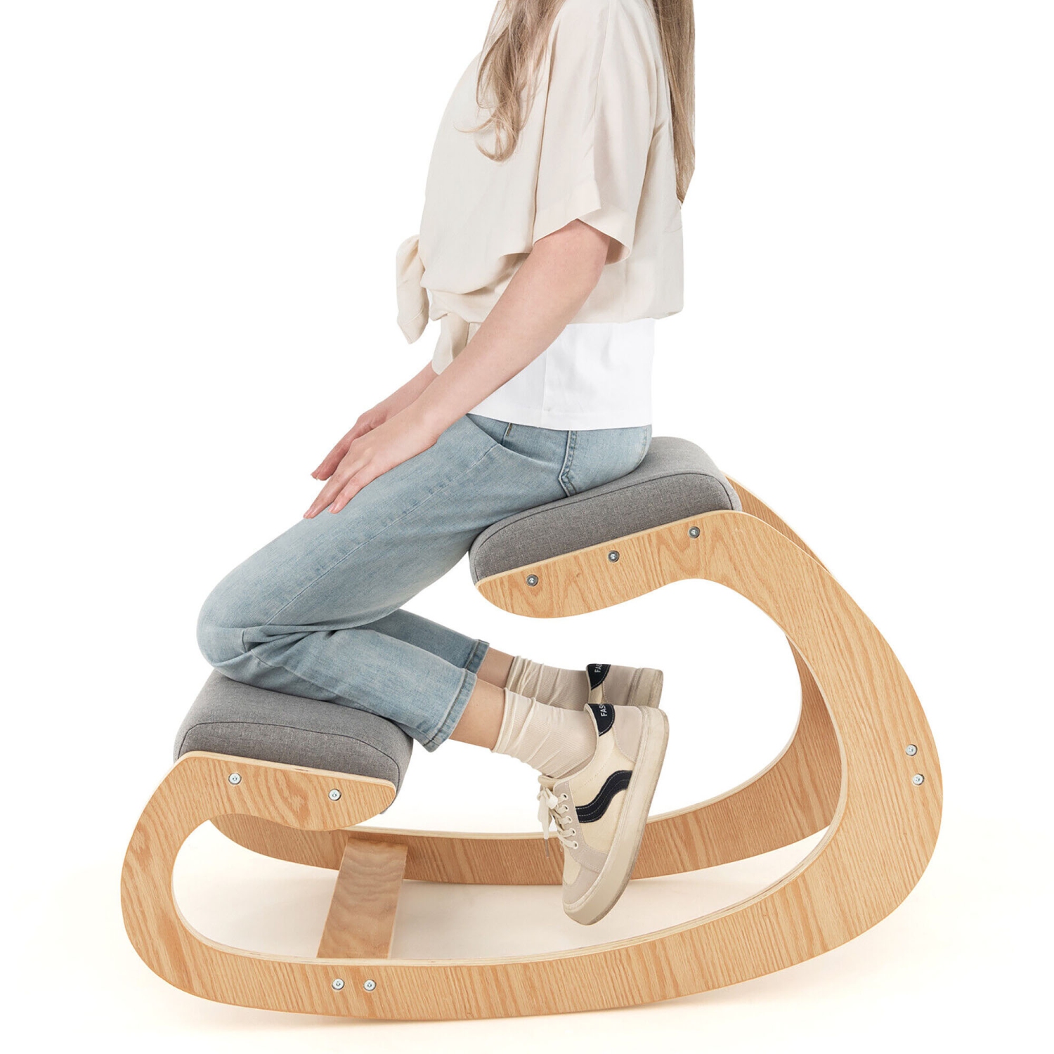 Gymax Ergonomic Kneeling Chair Wood Rocking Posture Stool w/ Cushion Back Neck