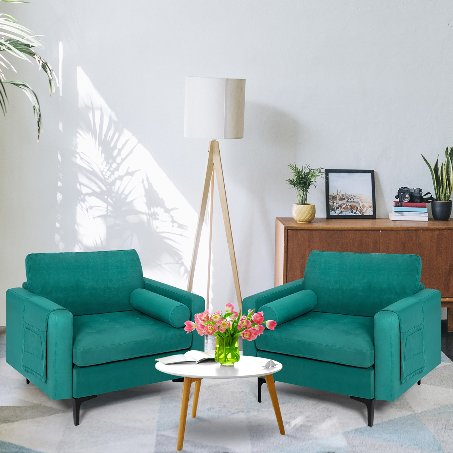 Ensemble de 2 fauteuils d'appoint avec divan et pochette de rangement latérale de Costway - Sarcelle