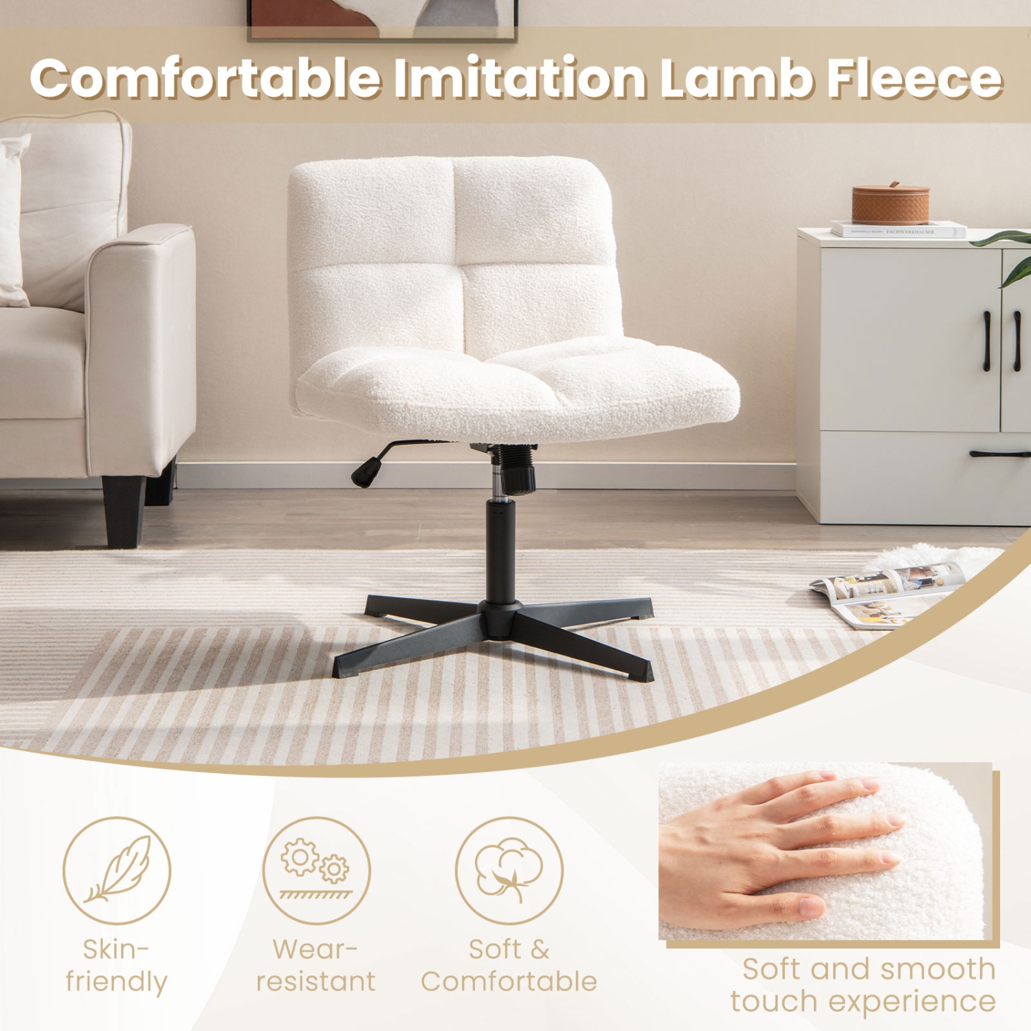 Costway Cross Legged Office Chair Armless Office Desk Chair with Imitation Lamb Fleece