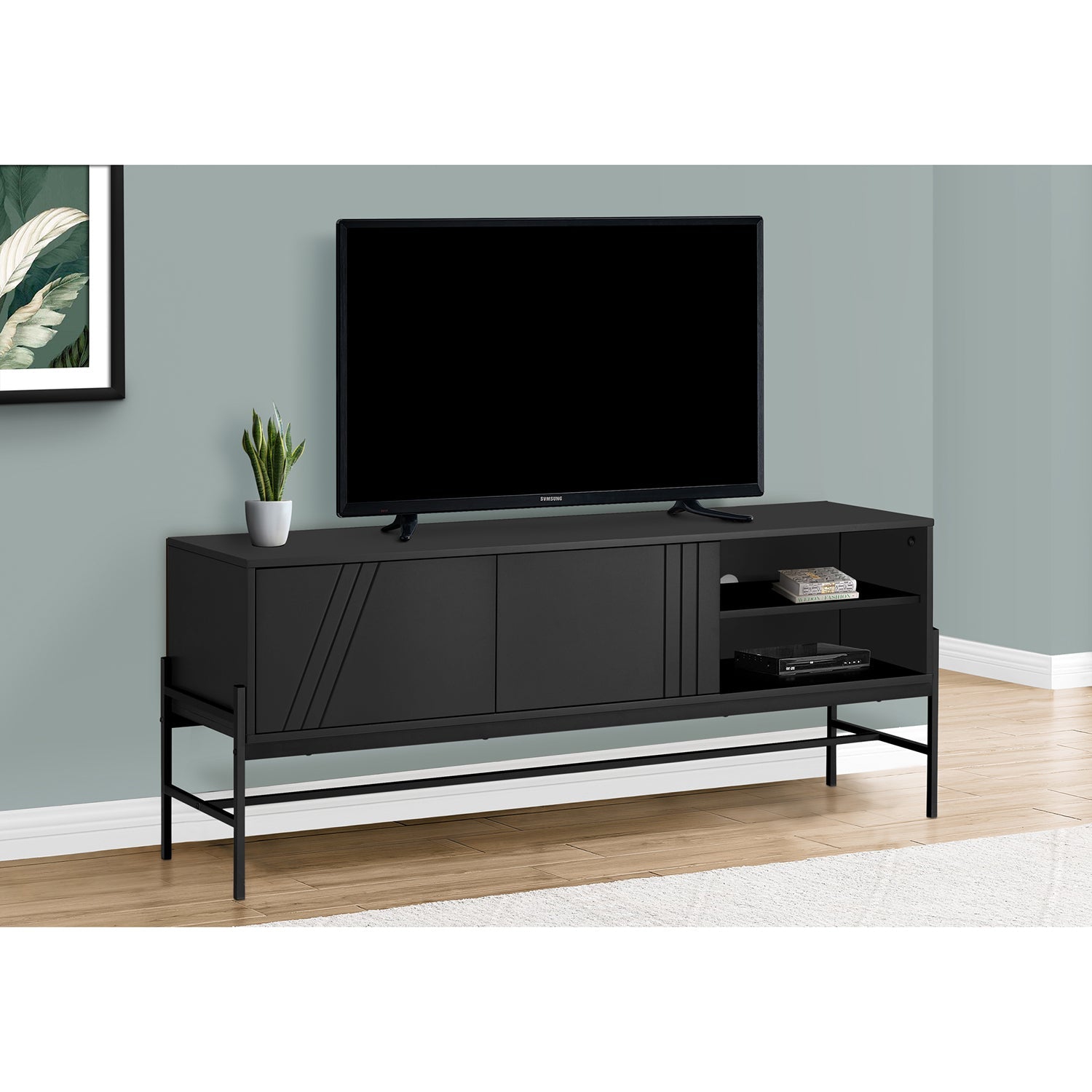 Monarch Specialties I 2734 - Tv Stand, 60 Inch, Console, Media Entertainment Center, Storage Cabinet, Living Room, Bedroom, Black Laminate, Black
