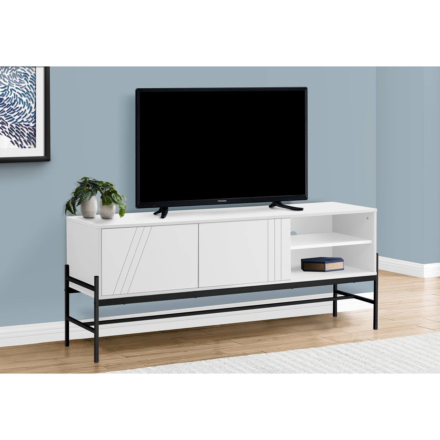 Monarch Specialties I 2738 - Tv Stand, 60 Inch, Console, Media Entertainment Center, Storage Cabinet, Living Room, Bedroom, White Laminate, Black