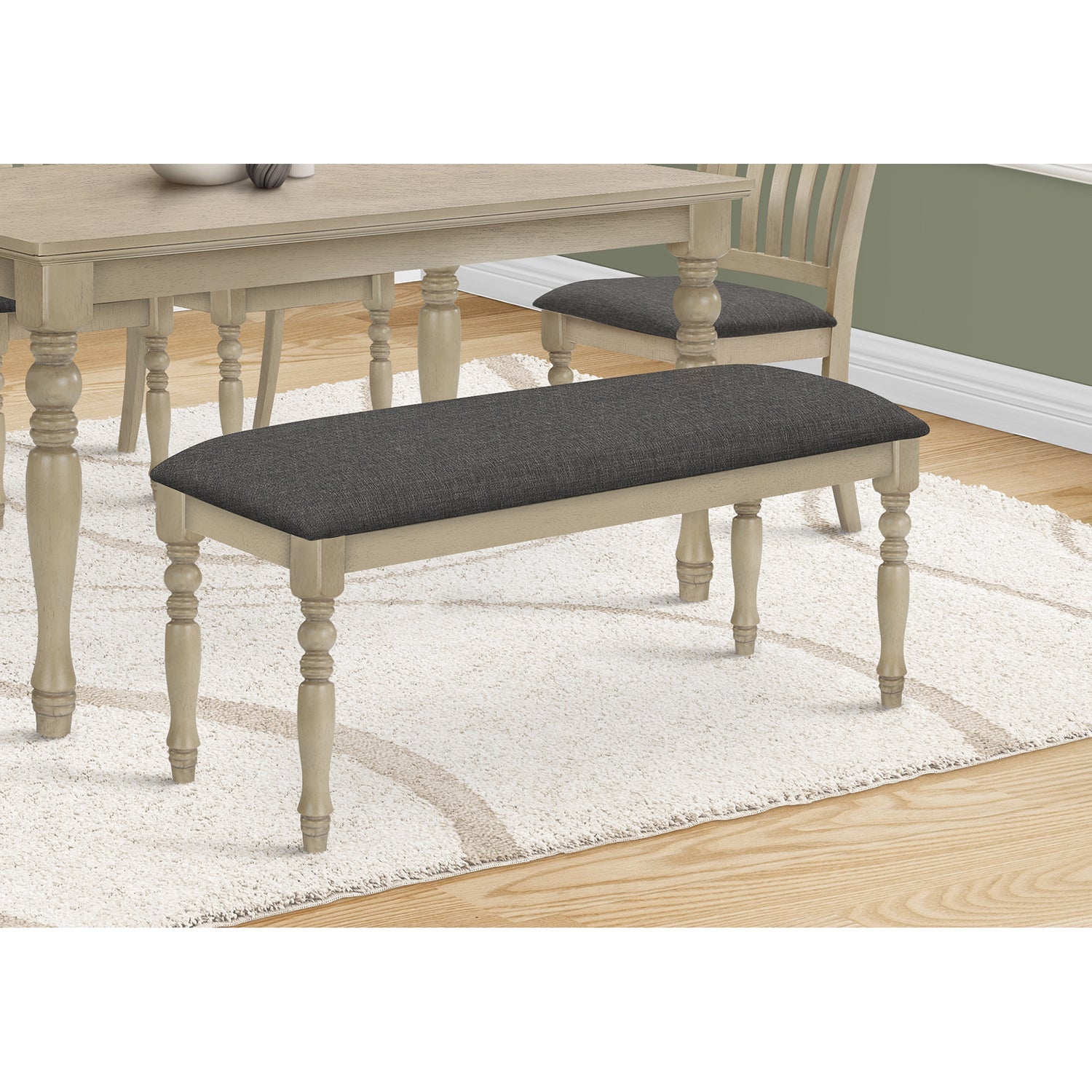 Monarch Specialties I 1393 - Bench, 48" Rectangular, Upholstered, Wood, Entryway, Dining Room, Kitchen, Antique Grey, Grey Fabric, Grey Solid Wood,