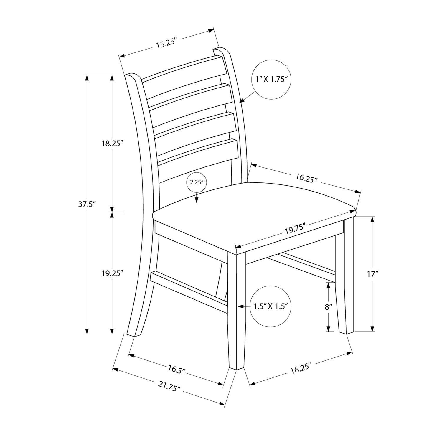 Monarch Specialties – Chaise de salle à manger I 1372, hauteur de 37 po, ensemble de 2, salle à manger, cuisine, côté, recouvert, bois massif brun,