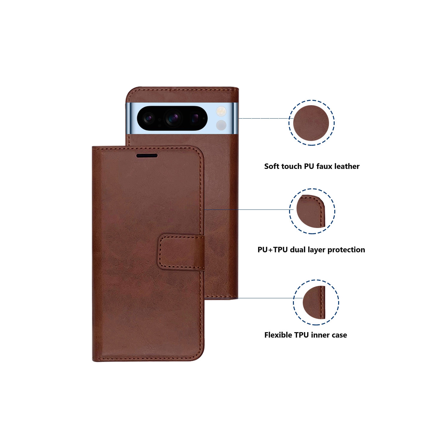 Étui-portefeuille magnétique XCRS, pochette en cuir de polyuréthane avec fente pour carte et support pour Google Pixel 8 Pro 2023