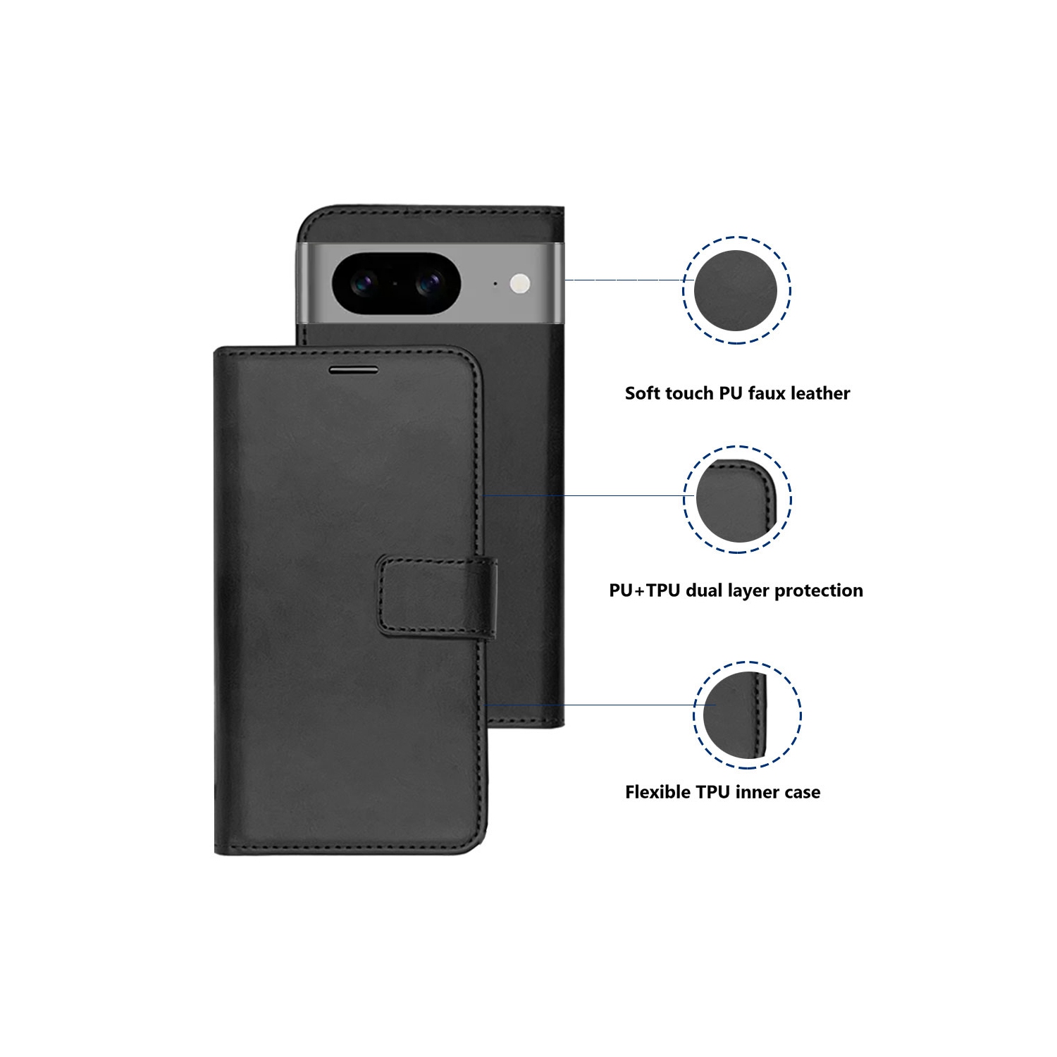 Étui portefeuille magnétique XCRS, pochette en cuir de polyuréthane avec fente pour carte et support pour Google Pixel 8 2023