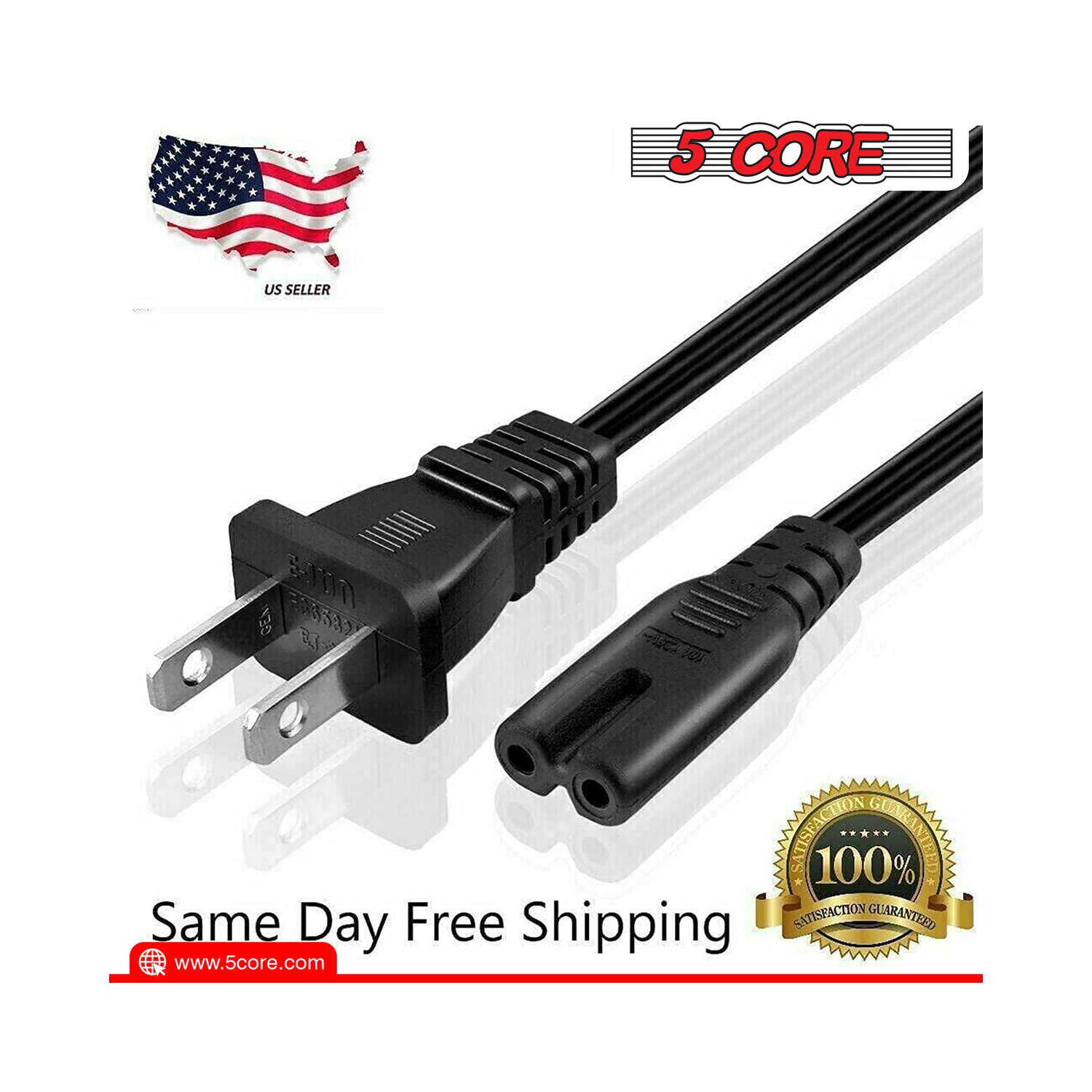 5 Core Extra Long 6ft 2 Prong Non-Polarized AC Wall Power Cable 2 Slot Cord for HP Dell Samsung Sony Asus Acer Toshiba Laptop Charger LED LCD Monitor