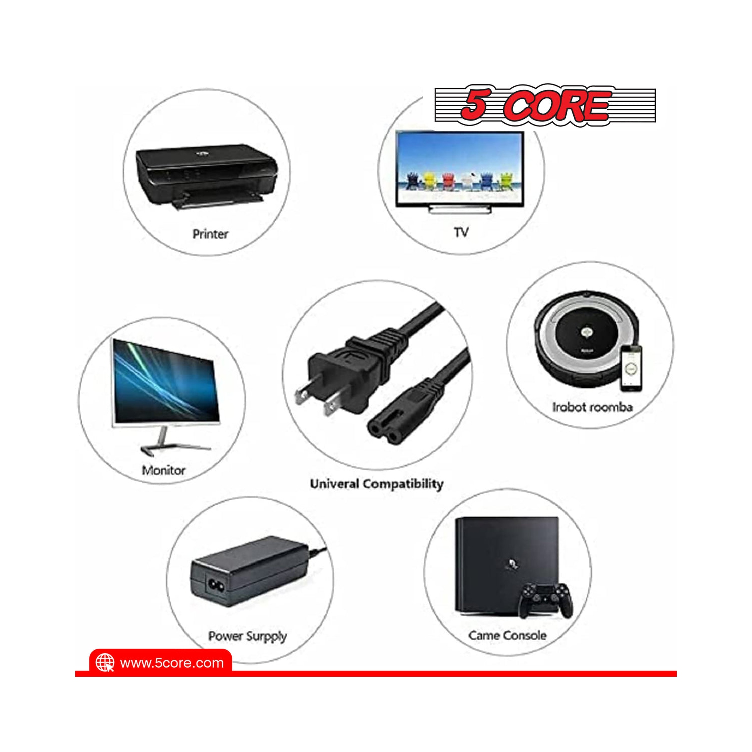 5 Core Extra Long 6ft 2 Prong Non-Polarized AC Wall Power Cable 2 Slot Cord for HP Dell Samsung Sony Asus Acer Toshiba Laptop Charger LED LCD Monitor