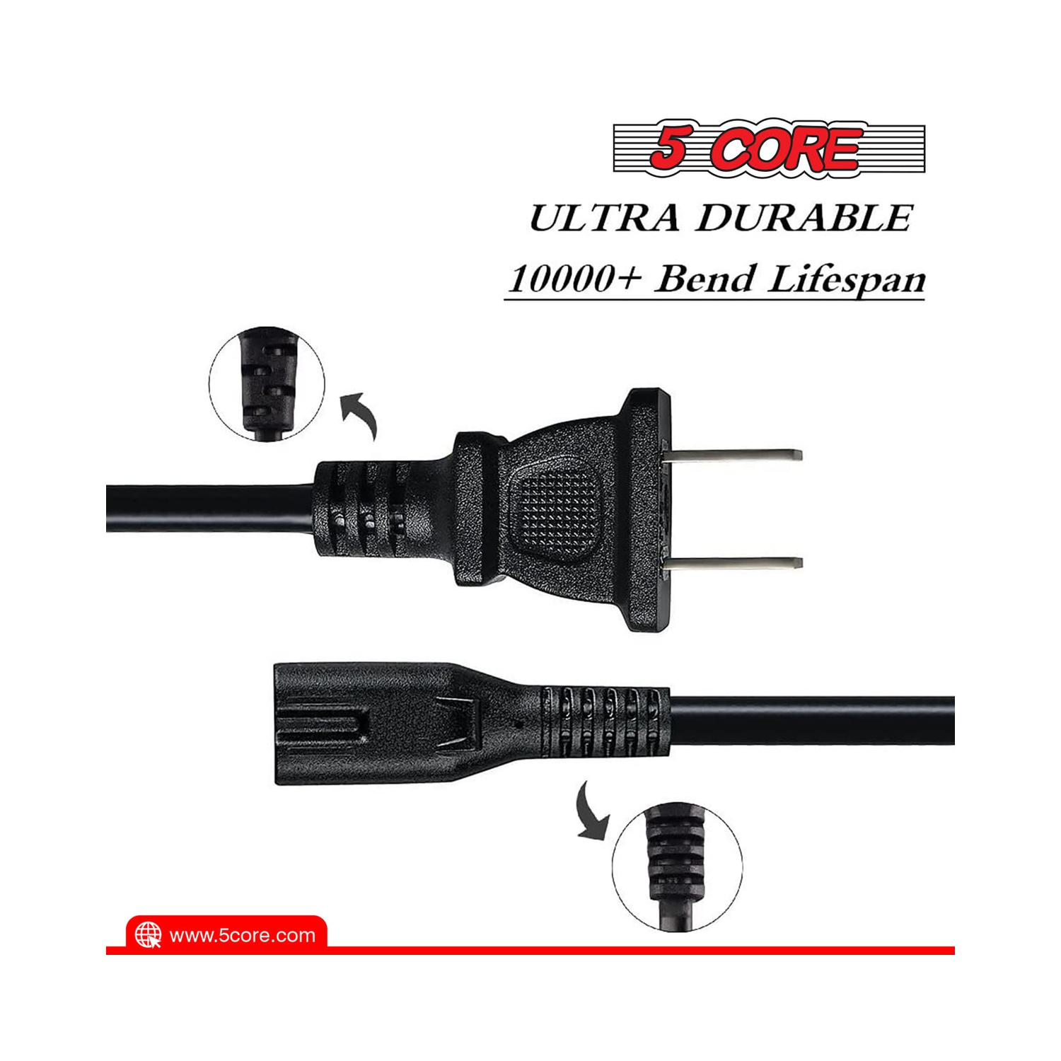 5 Core Extra Long 6ft 2 Prong Non-Polarized AC Wall Power Cable 2 Slot Cord for HP Dell Samsung Sony Asus Acer Toshiba Laptop Charger LED LCD Monitor