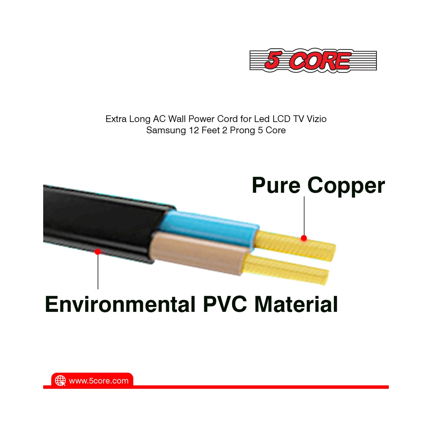 5 Core Extra Long 6ft 2 Prong Non-Polarized AC Wall Power Cable 2 Slot Cord for HP Dell Samsung Sony Asus Acer Toshiba Laptop Charger LED LCD Monitor