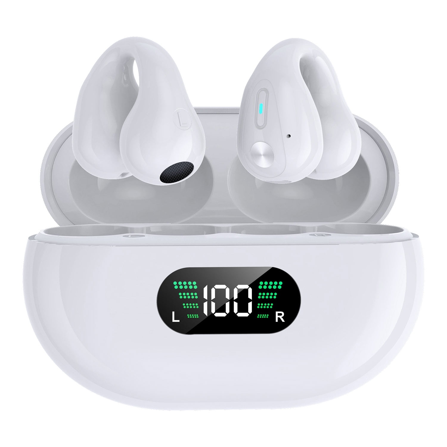 Alpha Digital Wireless TWS Bluetooth 5.3 Earbuds-Open Ear/Clip-on- 18-Hr Playtime, HiFi Stereo, Touch Ctrls, 350mAh Case-White