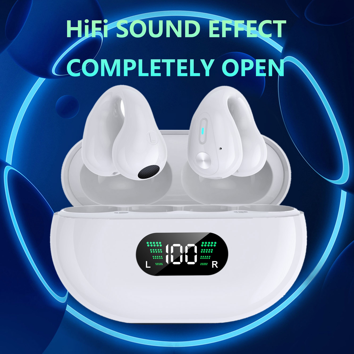 Alpha Digital Wireless TWS Bluetooth 5.3 Earbuds-Open Ear/Clip-on- 18-Hr Playtime, HiFi Stereo, Touch Ctrls, 350mAh Case-White