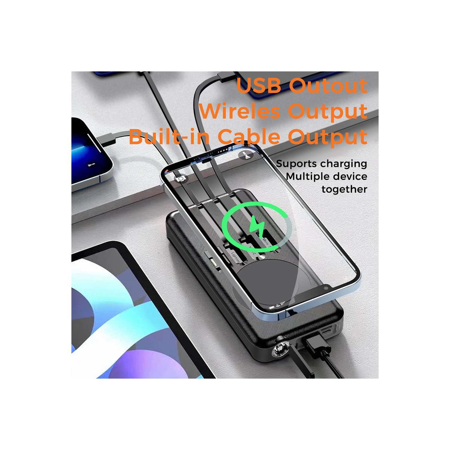 Chargeur portable d'extérieur Alpha Digital, batterie 10.000&nbsp;mAh, solaire, recharge sans fil, câbles intégrés, IP65Water/résistant à la