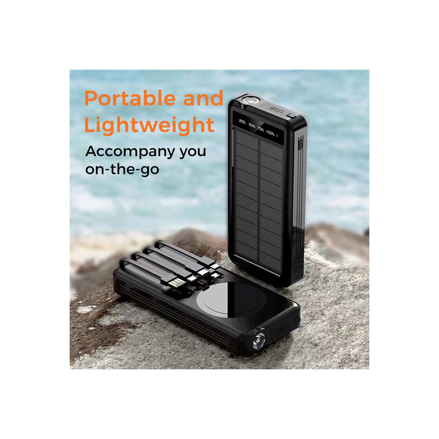 Chargeur portable d'extérieur Alpha Digital, batterie 10.000&nbsp;mAh, solaire, recharge sans fil, câbles intégrés, IP65Water/résistant à la